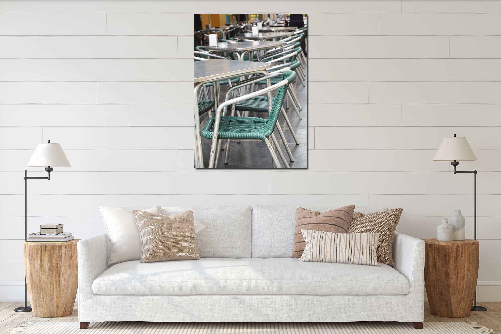 Open empty street cafe, tables and chairs with metal frame and wicker furniture, selective focus and close-up, vertical frame interior mockup