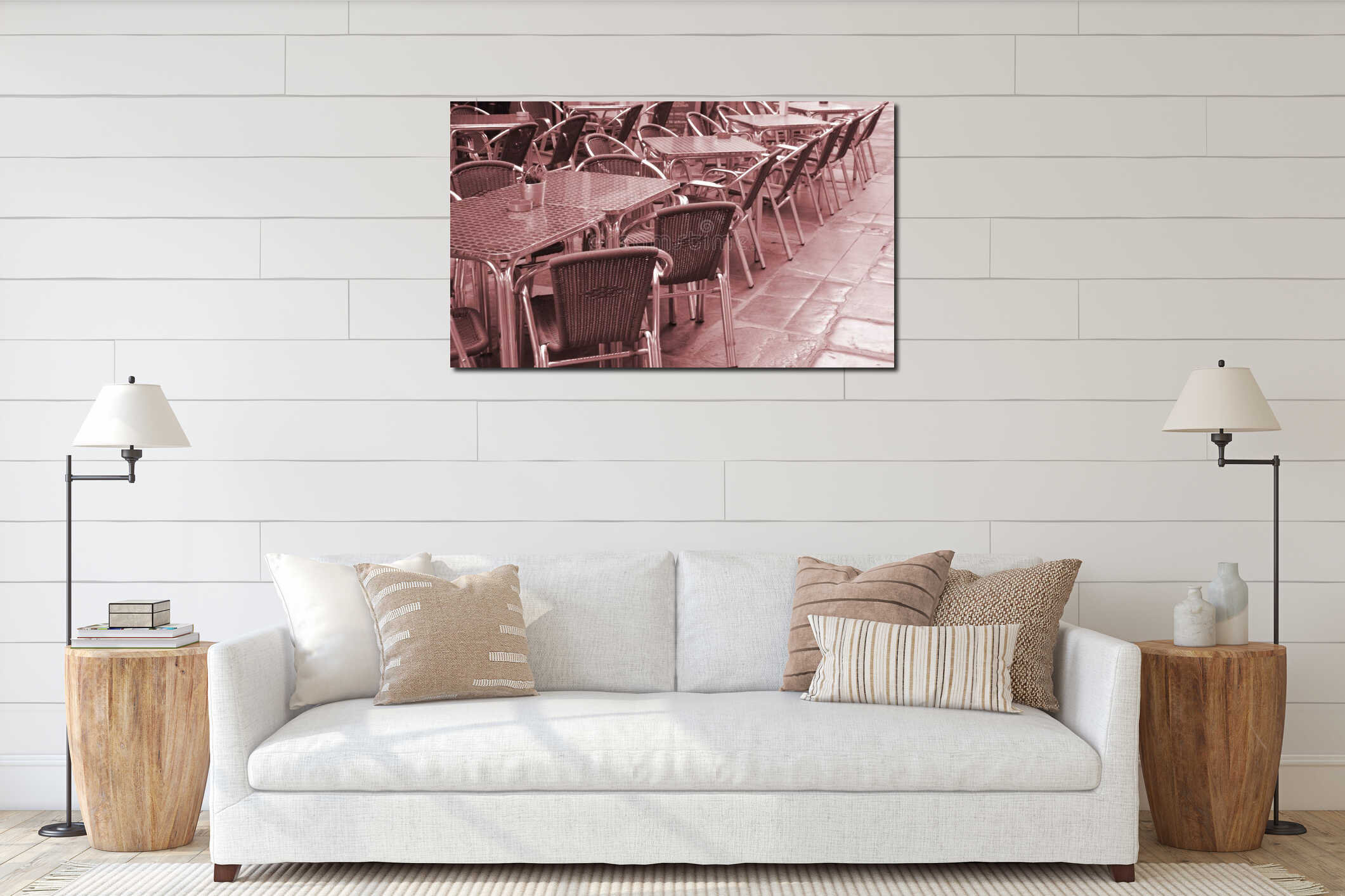 Open empty street cafe, tables and chairs with metal frame and wicker furniture, selective focus and close-up interior mockup