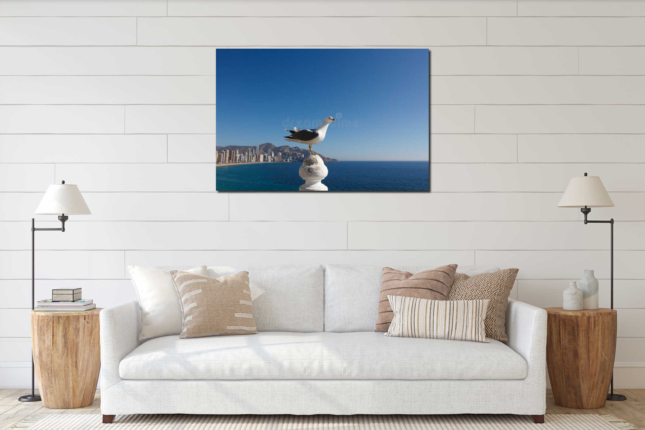 Seagull in front of Benidorm city interior mockup