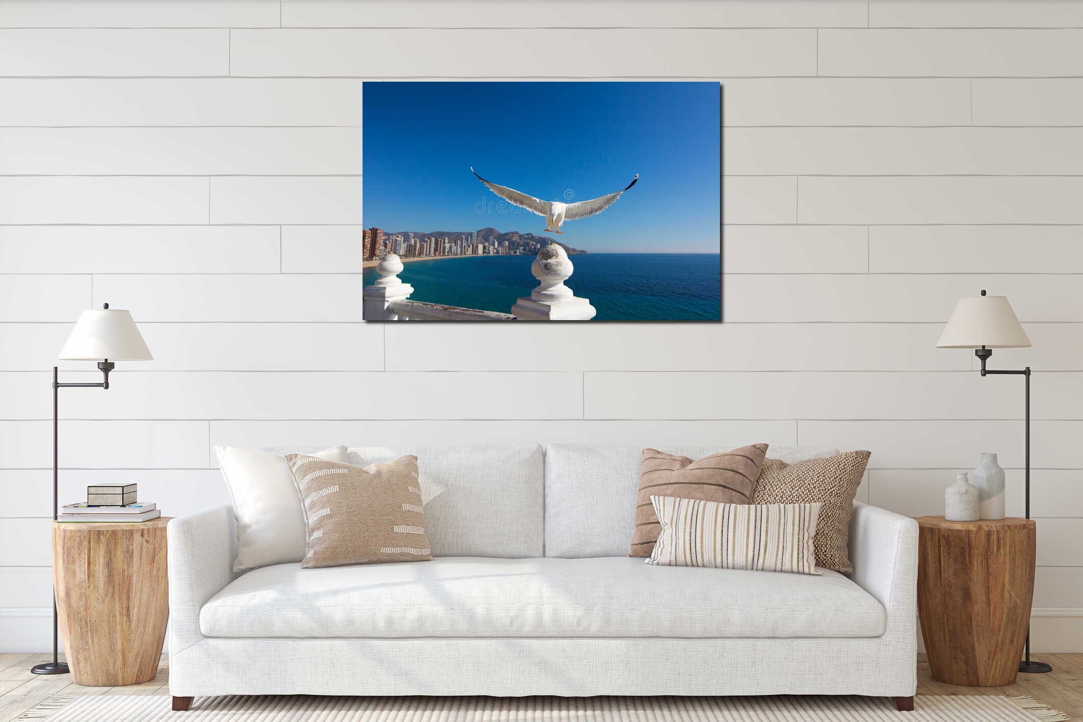 Seagull in front of Benidorm city interior mockup