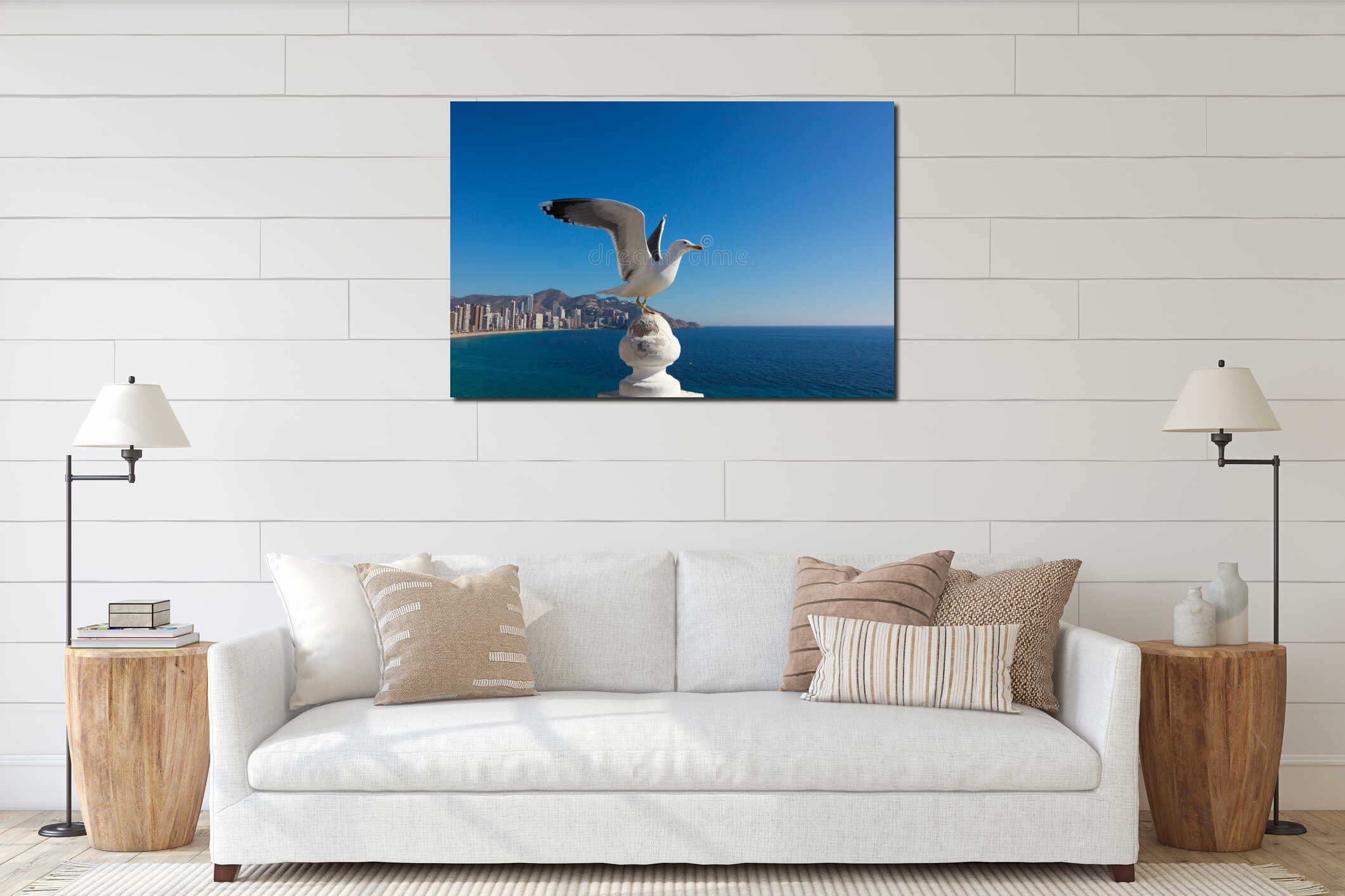 Seagull in front of Benidorm city interior mockup