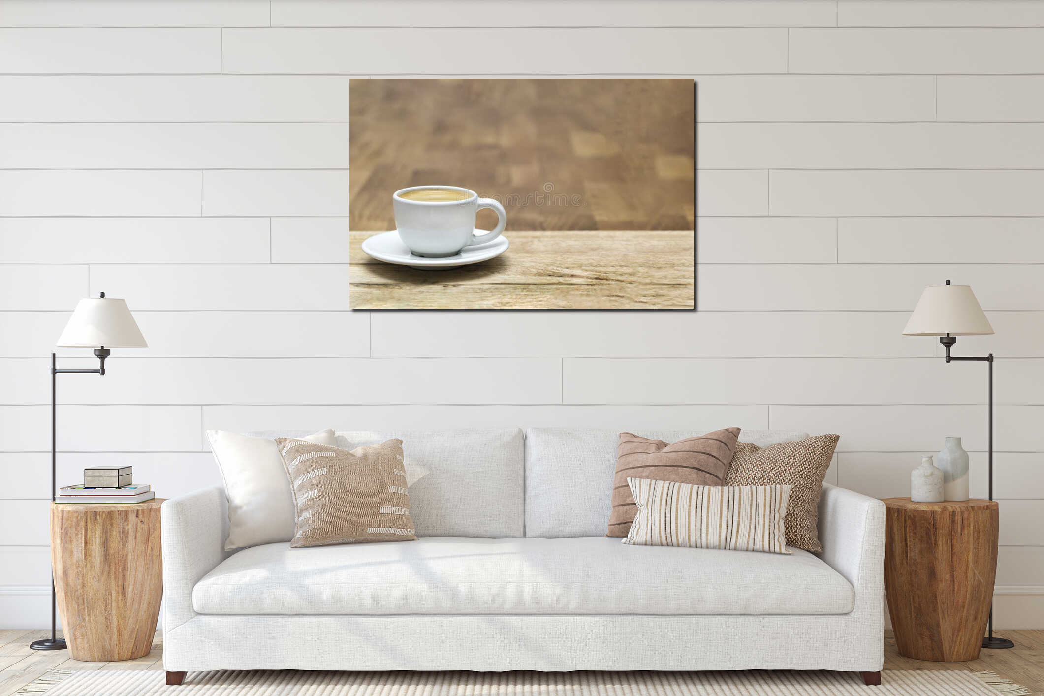 White coffee cup on oak wooden table. Copy space interior mockup