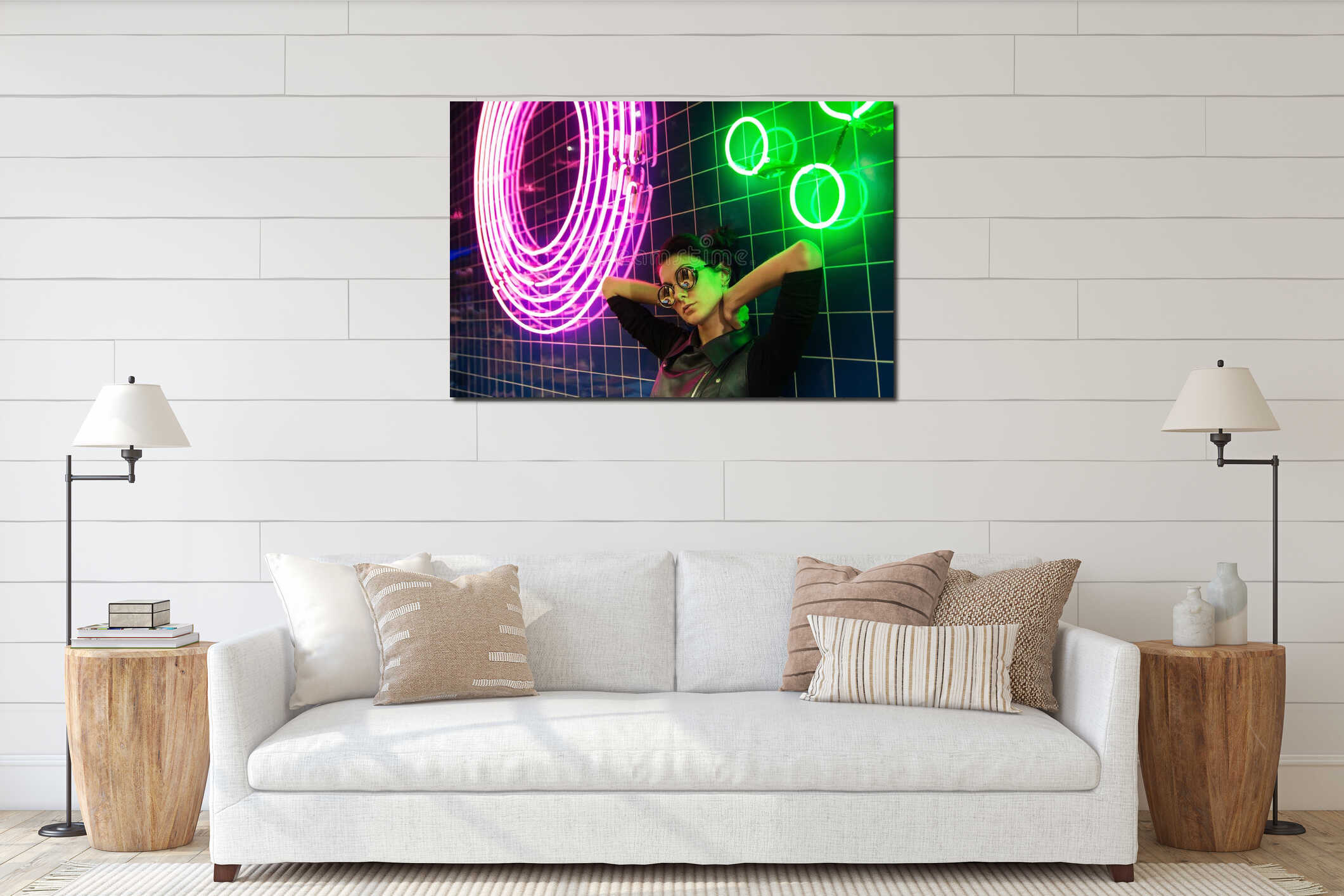 Cinematic night portrait of girl and neon lights interior mockup