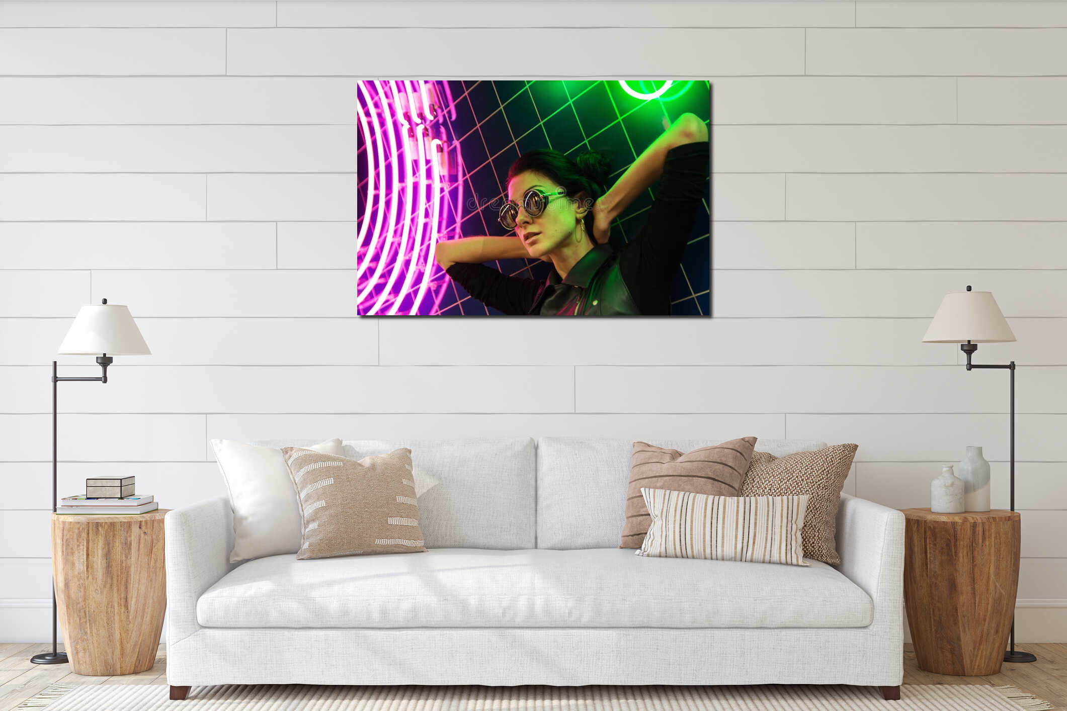 Cinematic night portrait of girl and neon lights interior mockup