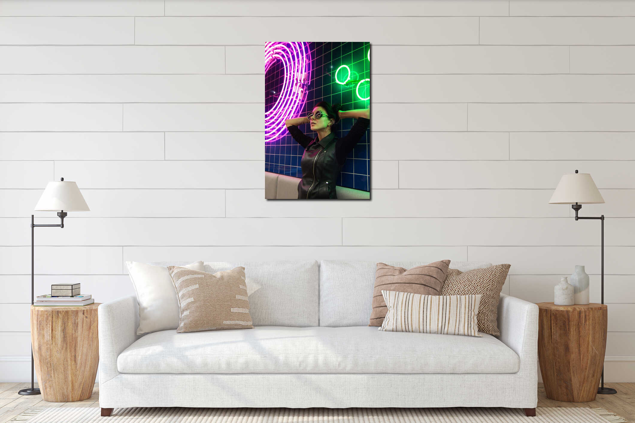 Cinematic night portrait of girl and neon lights interior mockup