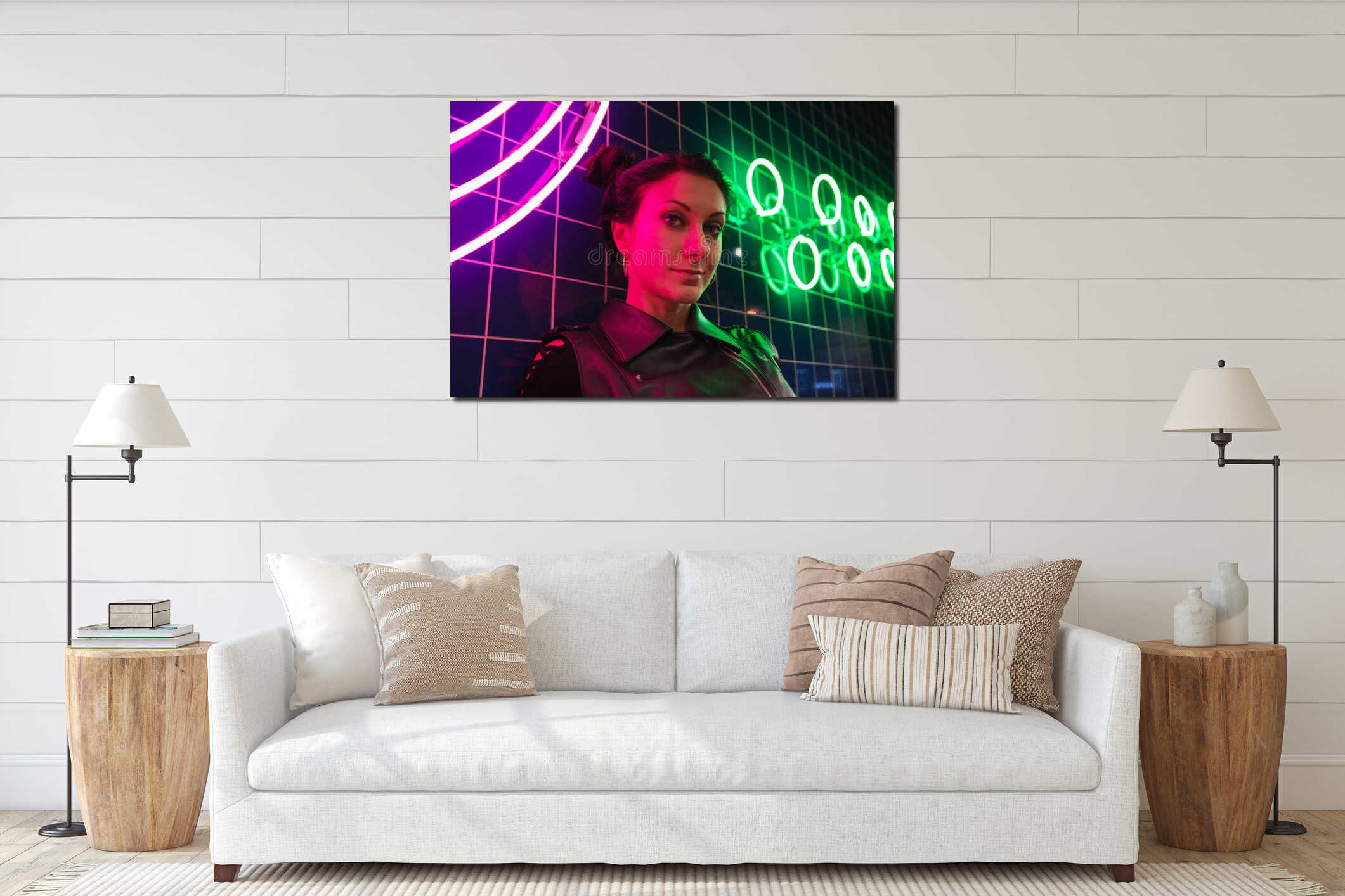Cinematic night portrait of girl and neon lights interior mockup