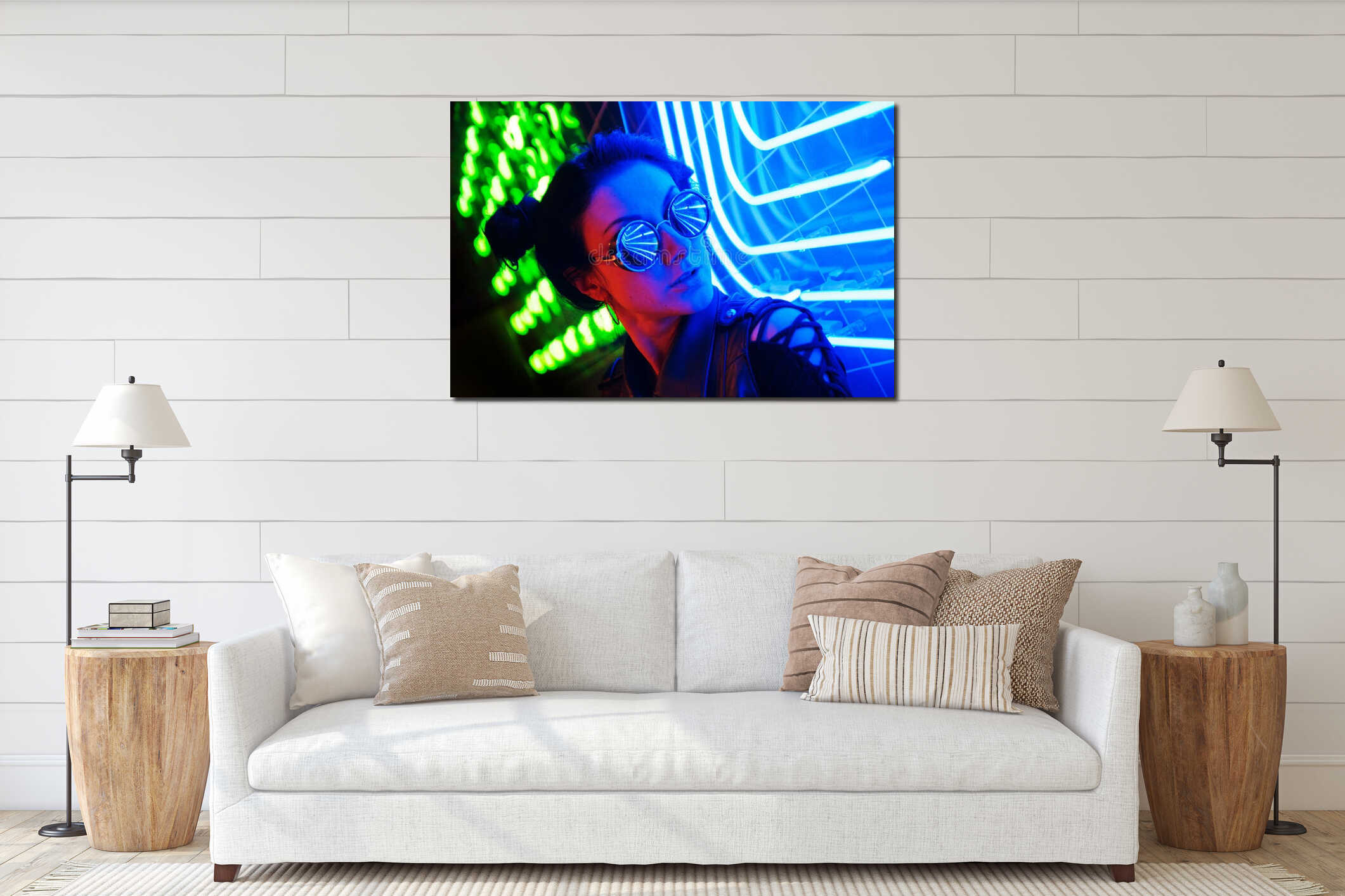 Cinematic night portrait of girl and neon lights interior mockup