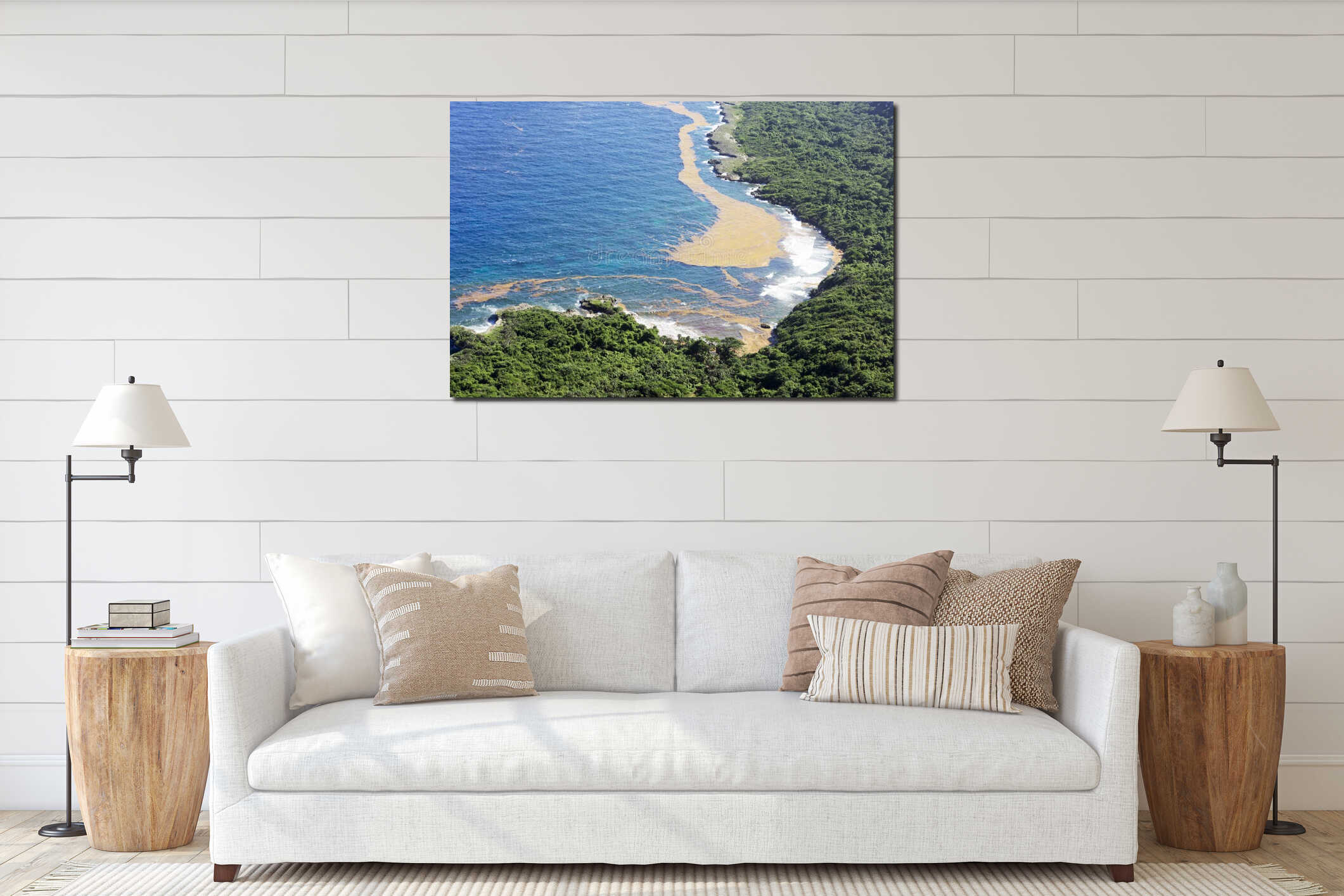 Beautiful landscape: sea, coast, Dominican national park, seaweed. interior mockup
