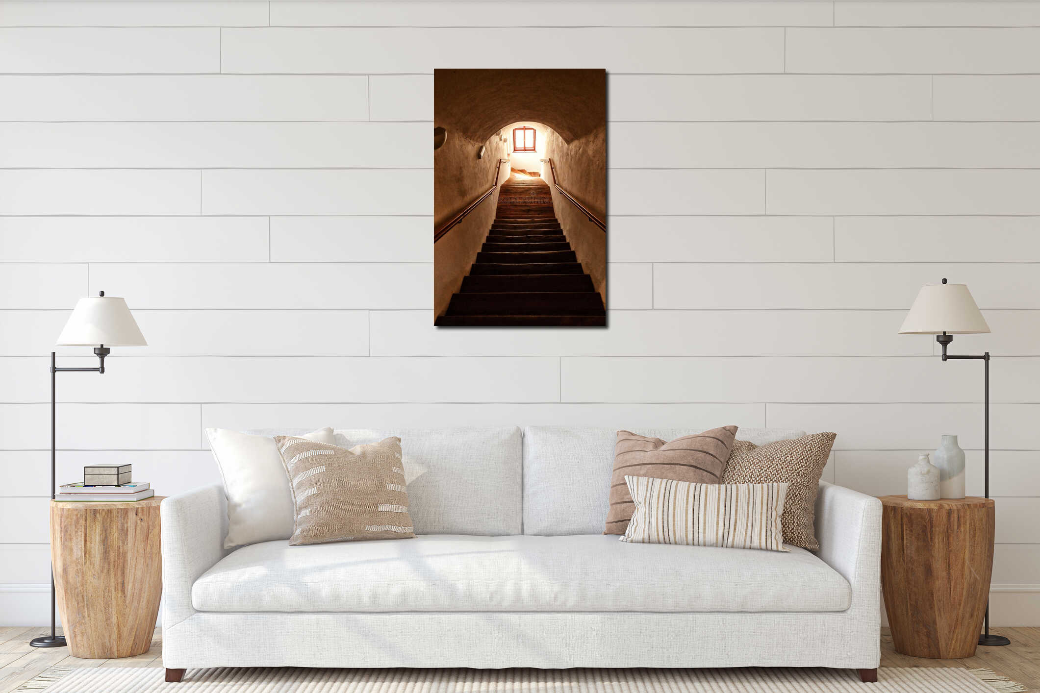 Long straight staircase down the hall with arched ceiling interior mockup