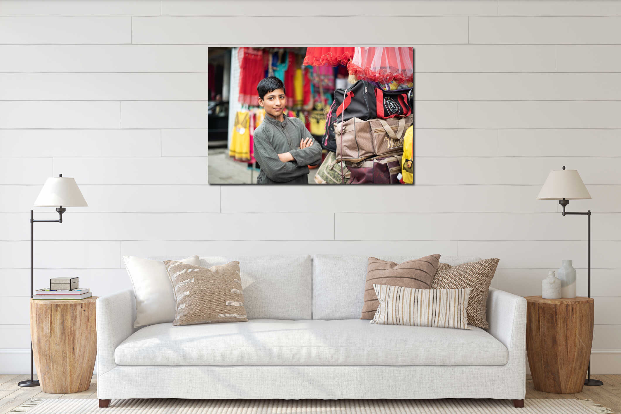 BESHAM, PAKISTAN - April 15, 2018: Unidentified smiling young boy standing by the street market interior mockup