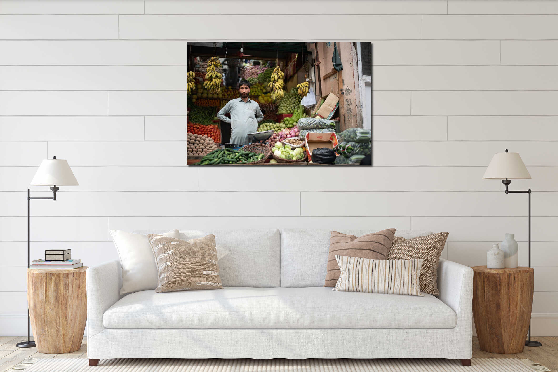 BESHAM, PAKISTAN - April 15, 2018: unidentified man selling fruit and vegetables on the street market interior mockup