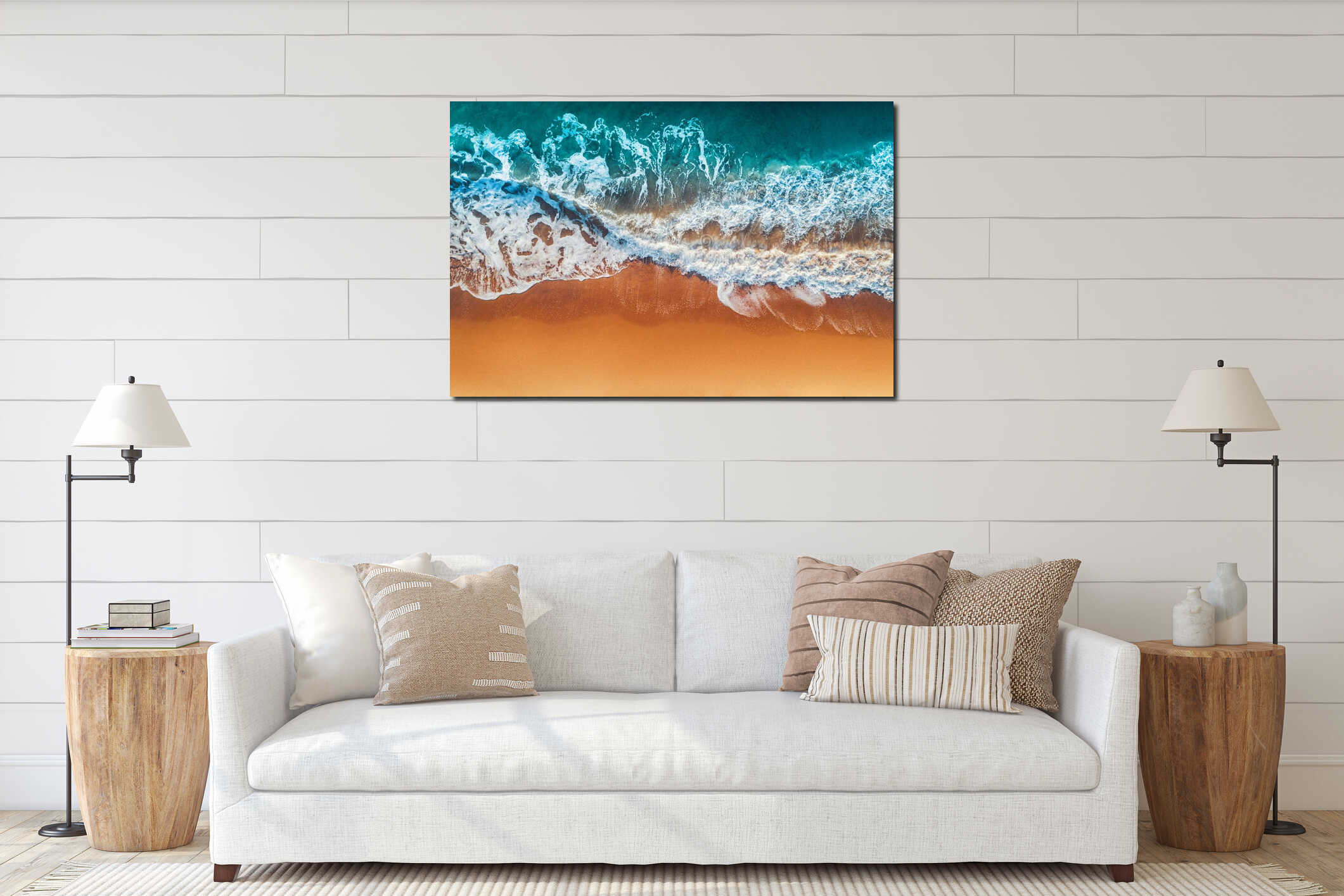 Aerial view of sea waves and sandy beach interior mockup