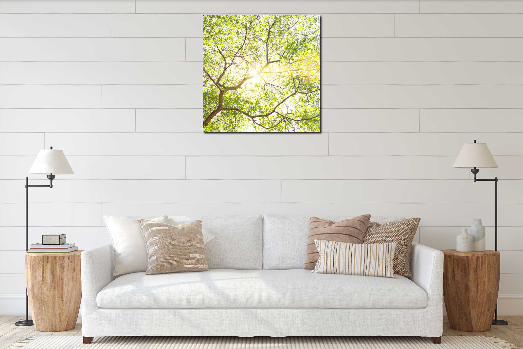 Sun shining through tree branches and bright green leaves. Spring summer sunny day nature background interior mockup