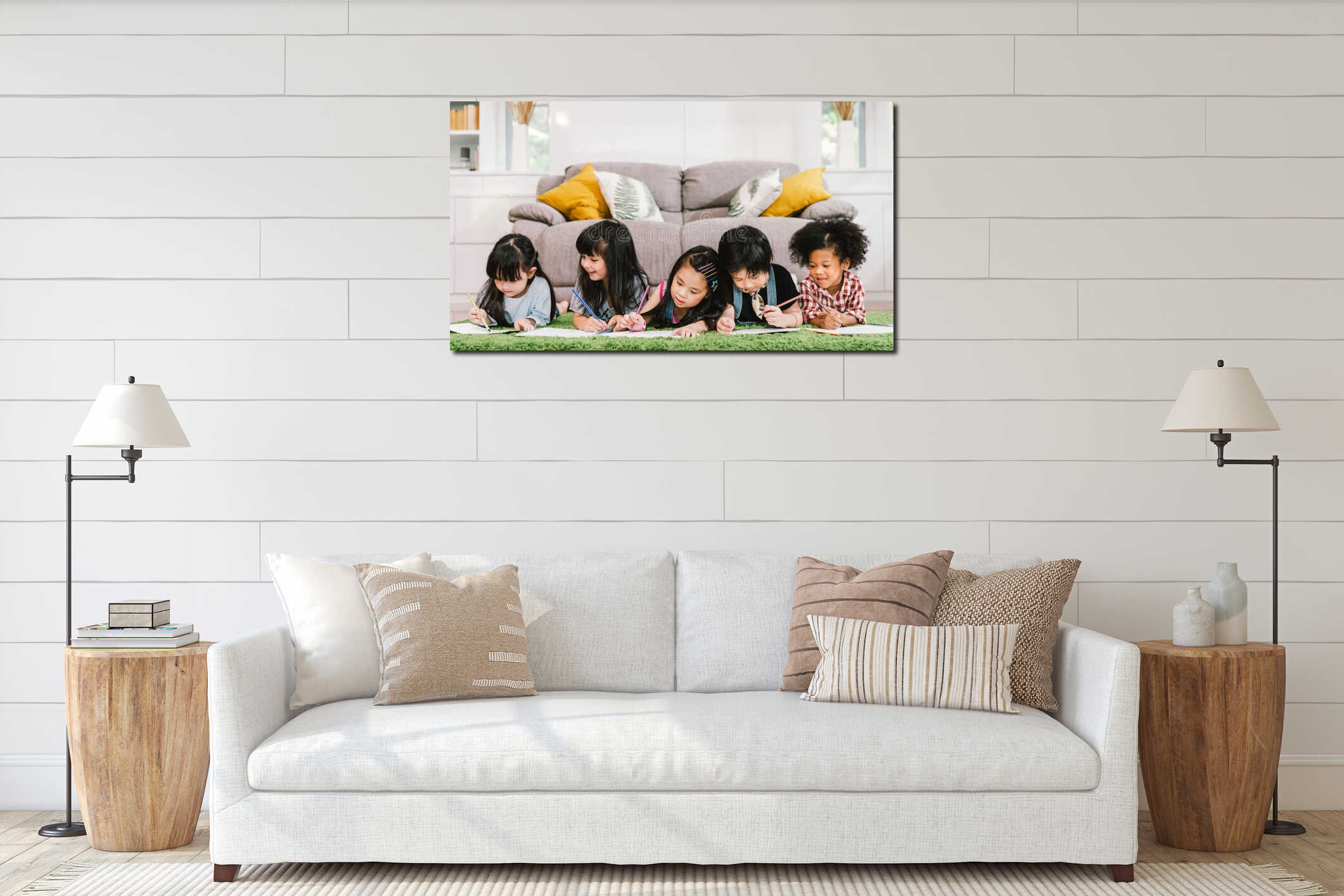 Group of five multi-ethnic young cute preschool kids, boy and girls happy studying or drawing together at home or school interior mockup