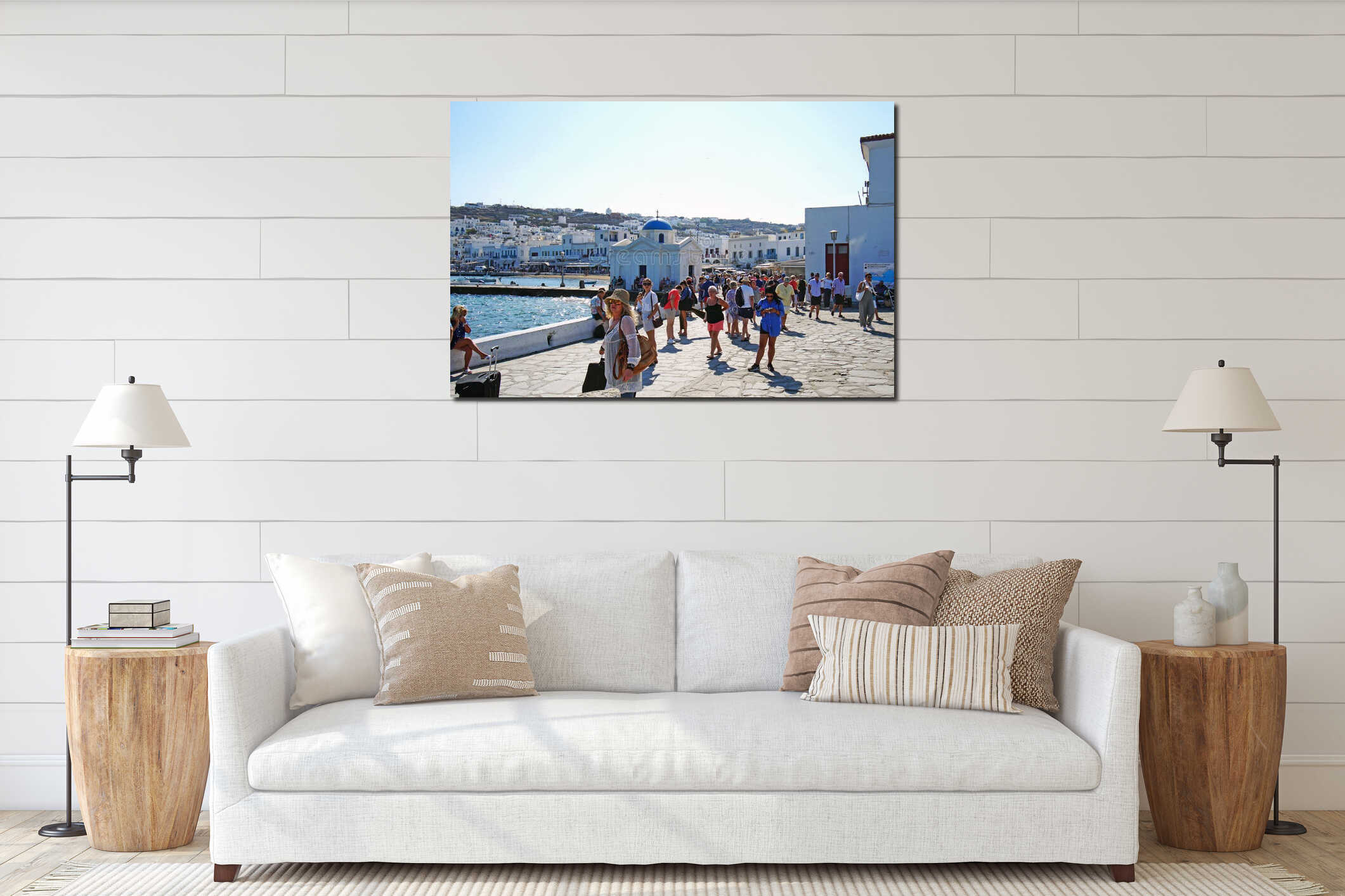 Mykonos, Greece, 11 September 2018, Tourists at the old port waiting to board the island of Delos interior mockup