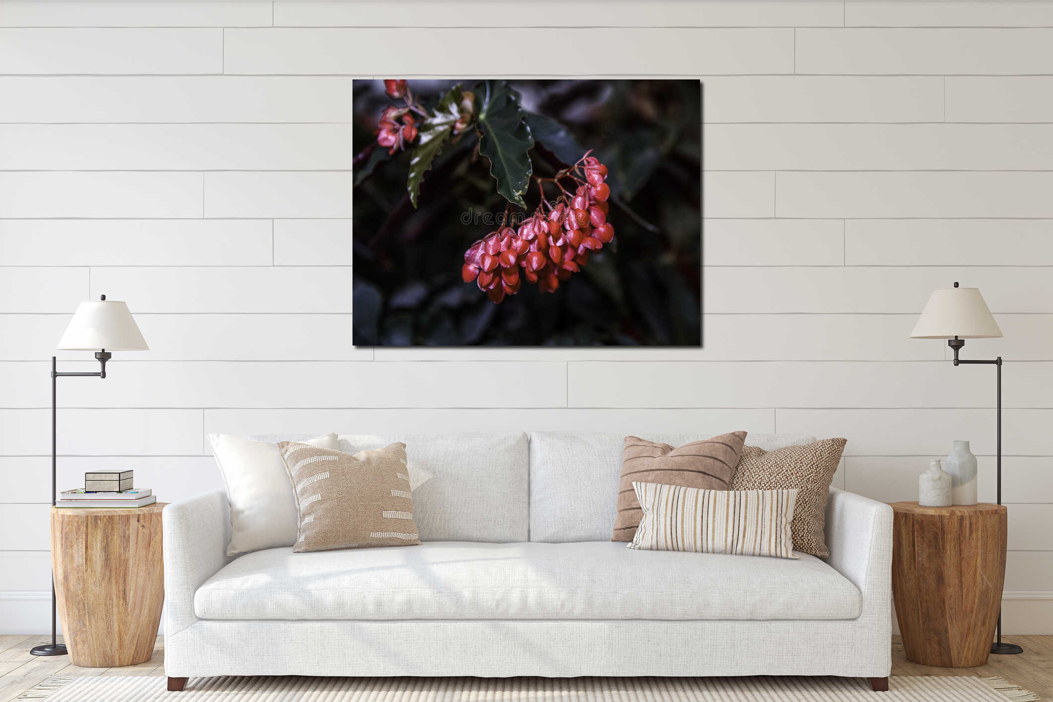 Many small red flowers with dark background interior mockup