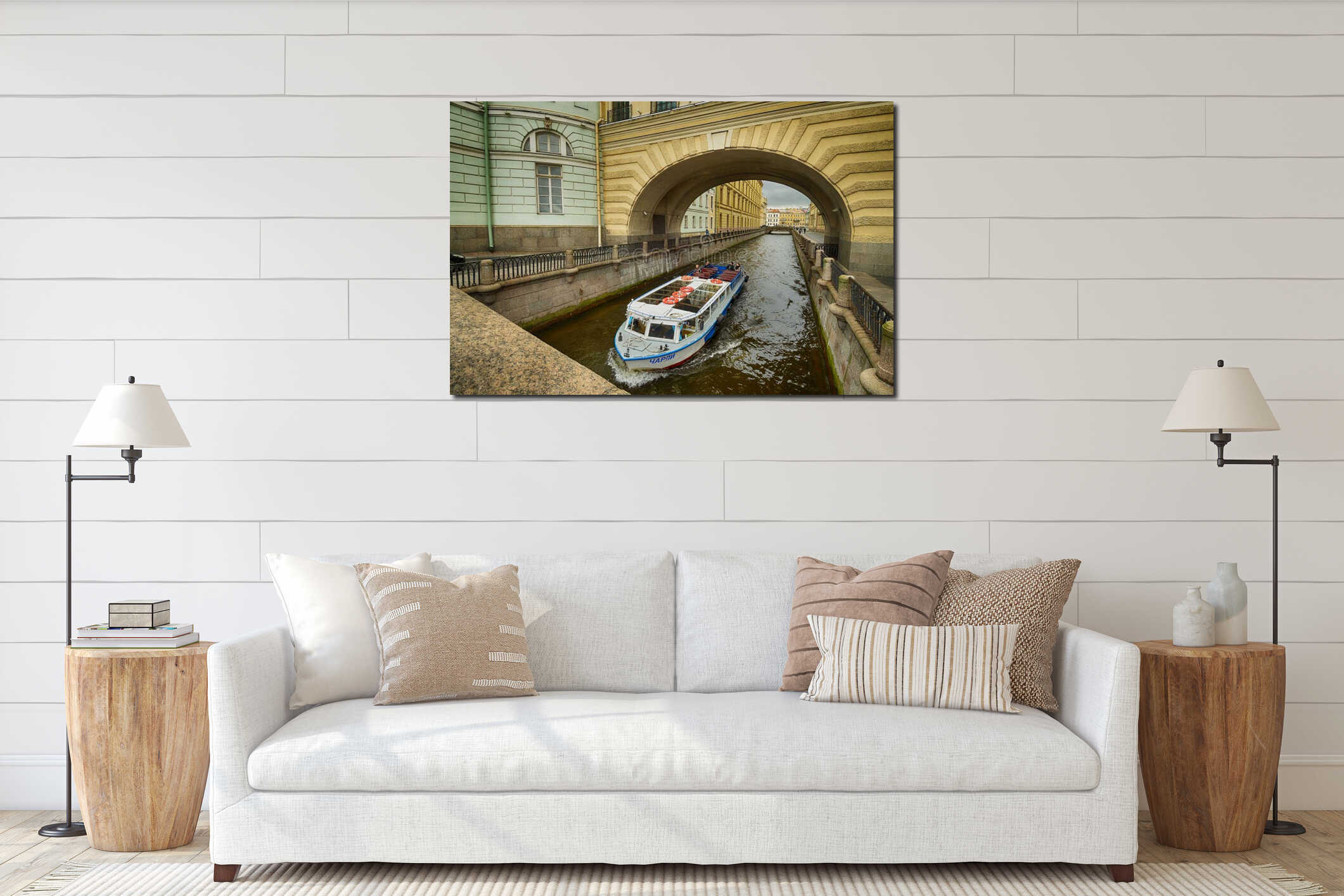 Tourist ships floating on the rivers and canals of the city.They carry city tours interior mockup