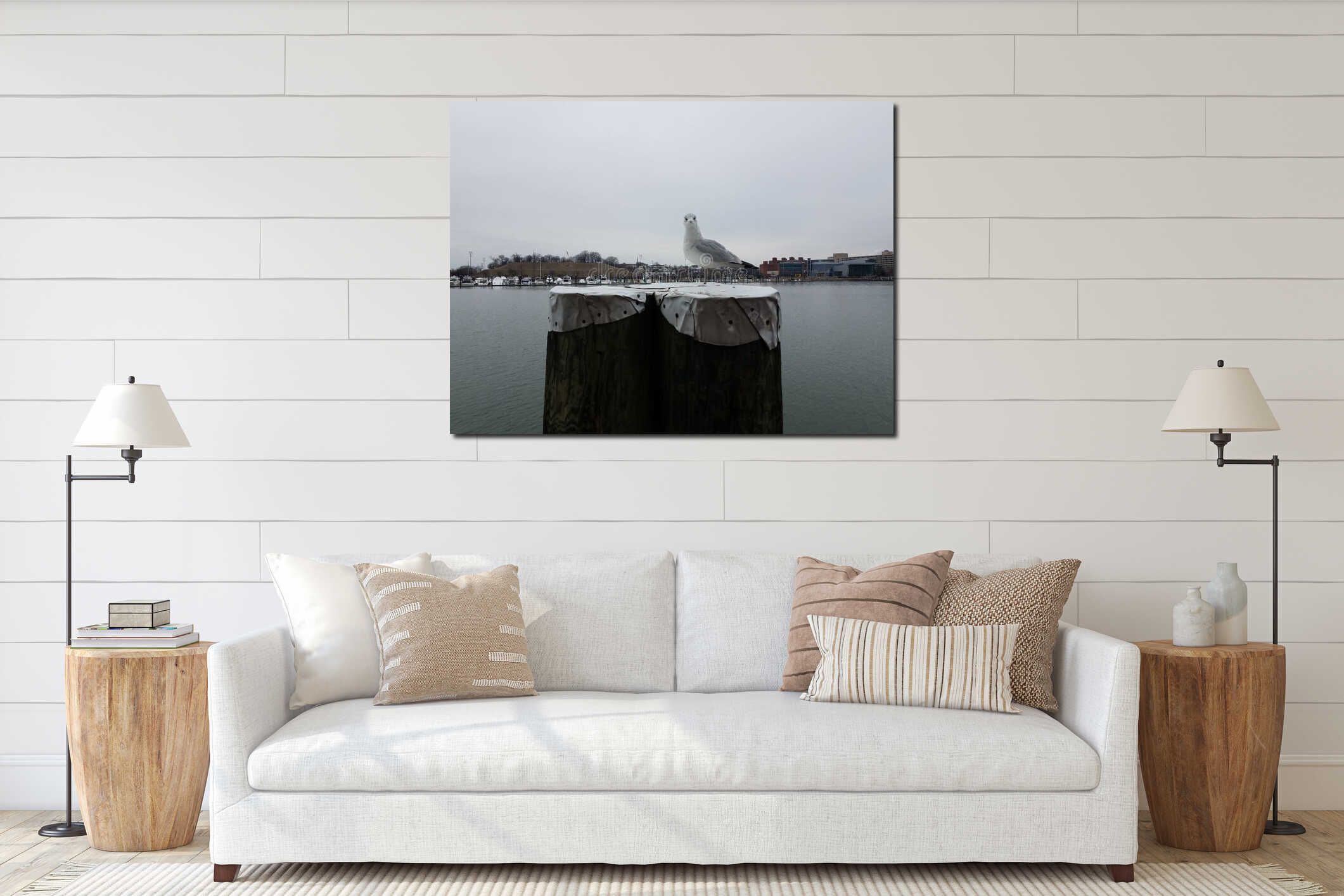 White seagull bird on wood pier in Baltimore harbor interior mockup