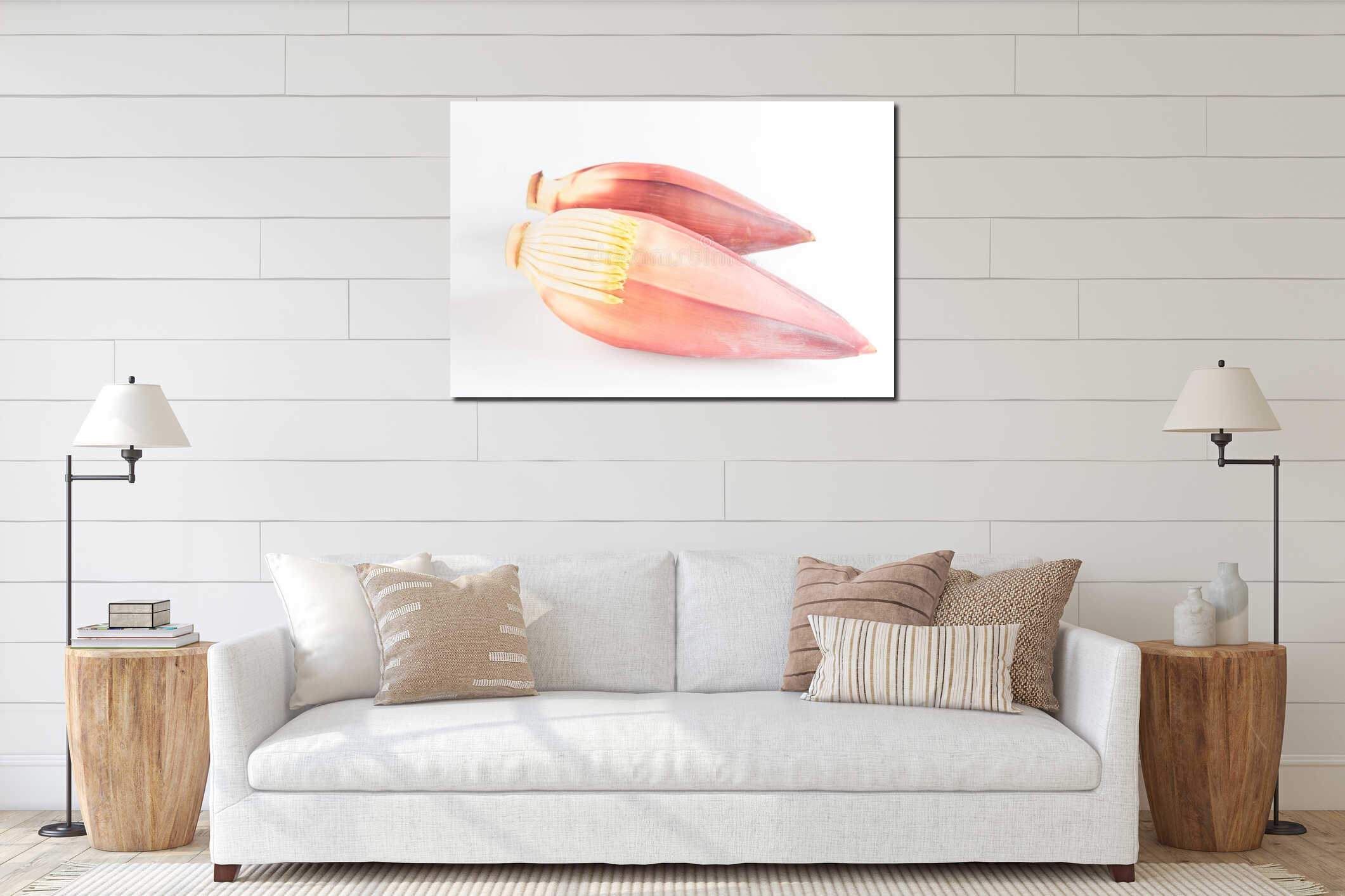 Banana blossom on white background interior mockup