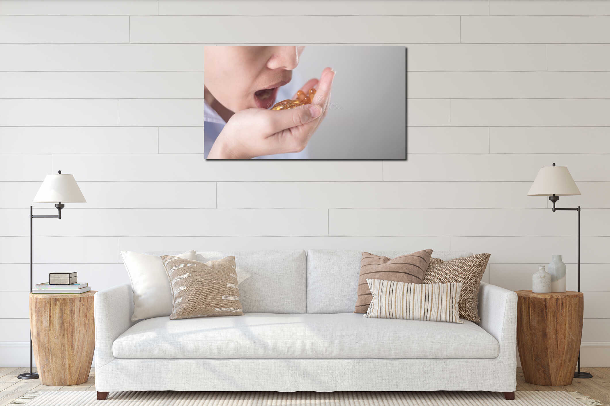 Healthy eating and diet nutrition concepts. vitamin and supplement. beautiful young woman eating yellow fish oil pill. female hand interior mockup