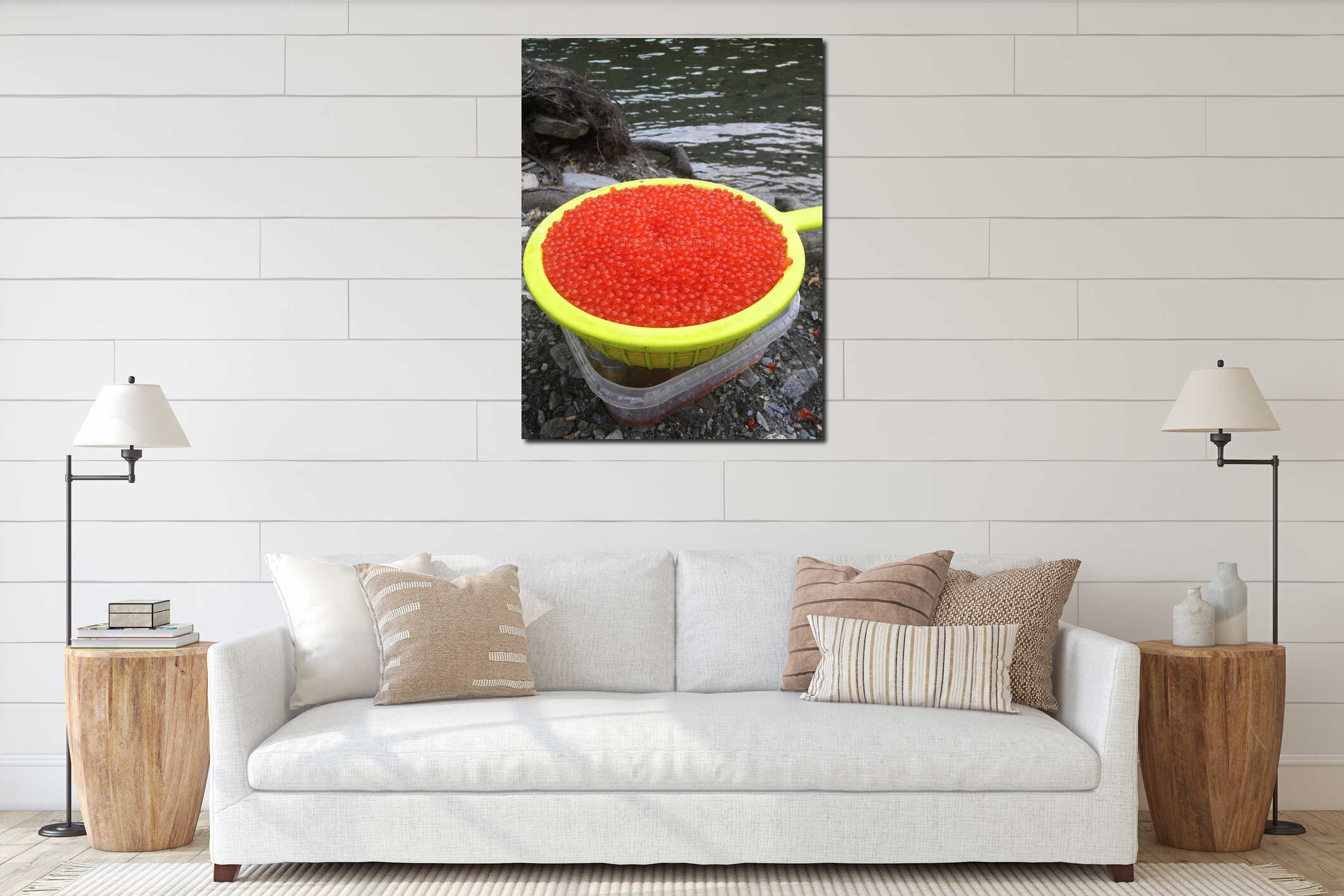 Colander with red caviar stands by river interior mockup