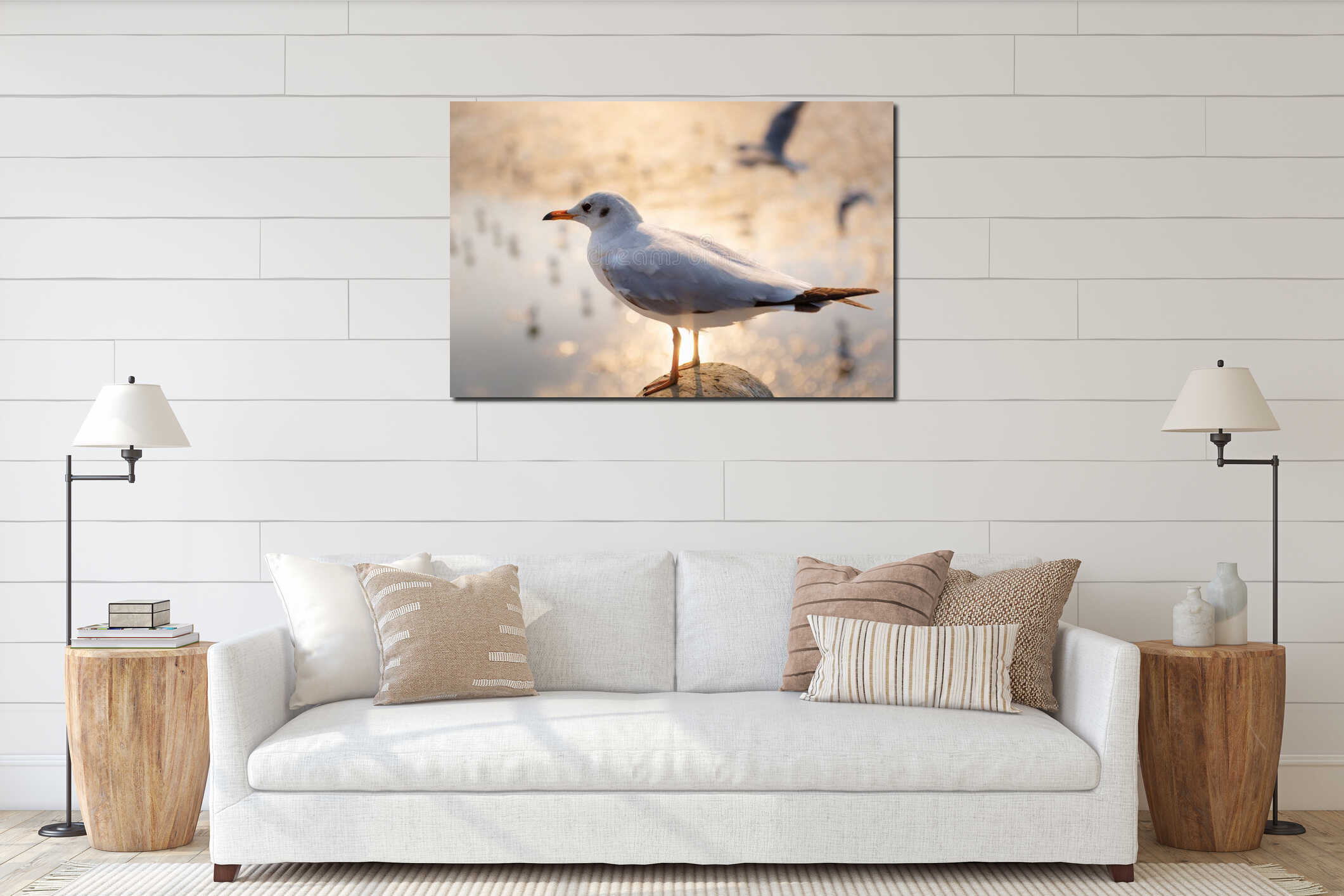 Close-Up of Seagull is Standing on Barrier Handrail at Sunset interior mockup