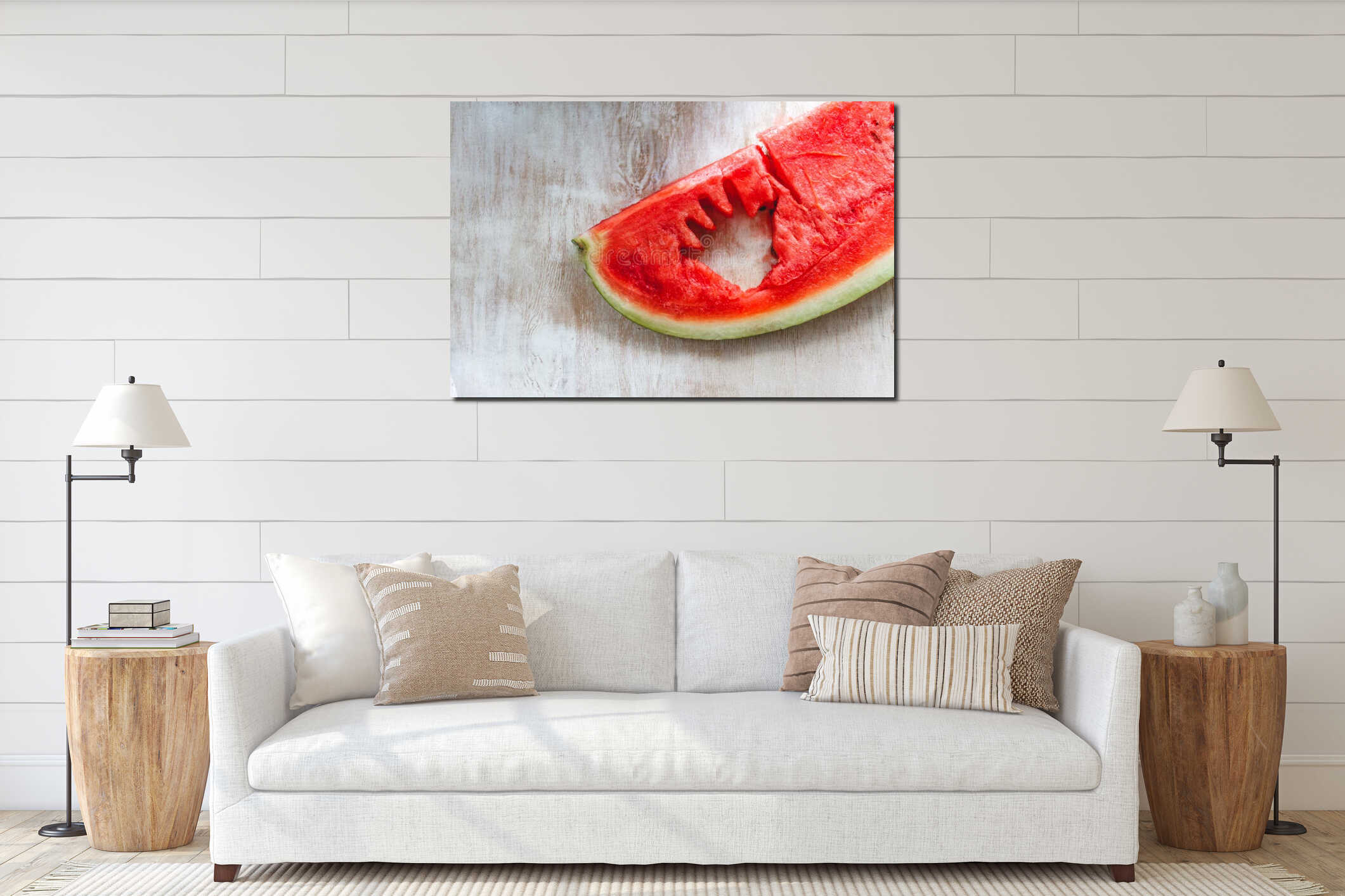 A chunk of juicy red watermelon with a child's hand carved in it on a light background. Close-up interior mockup