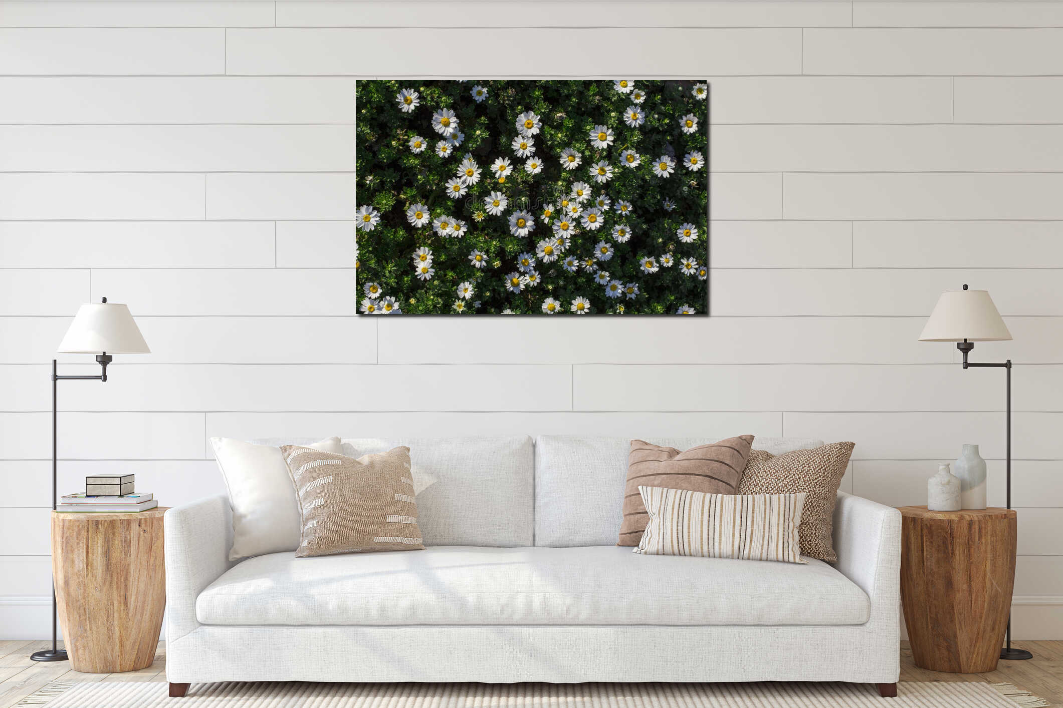 Daisies flowers in Spring time. Top view interior mockup