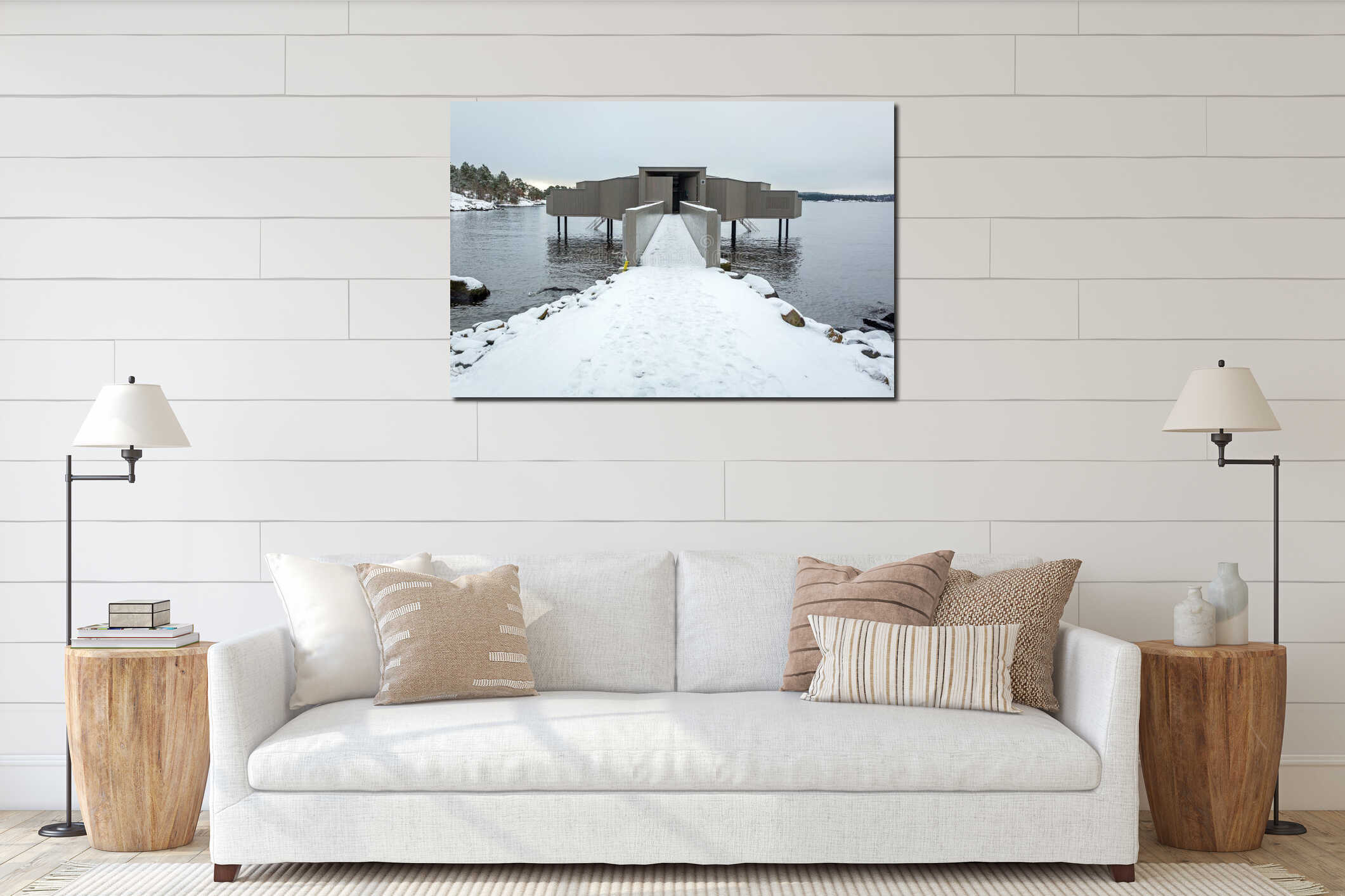 Wooden sauna on the coast of Baltic sea in Sweden interior mockup