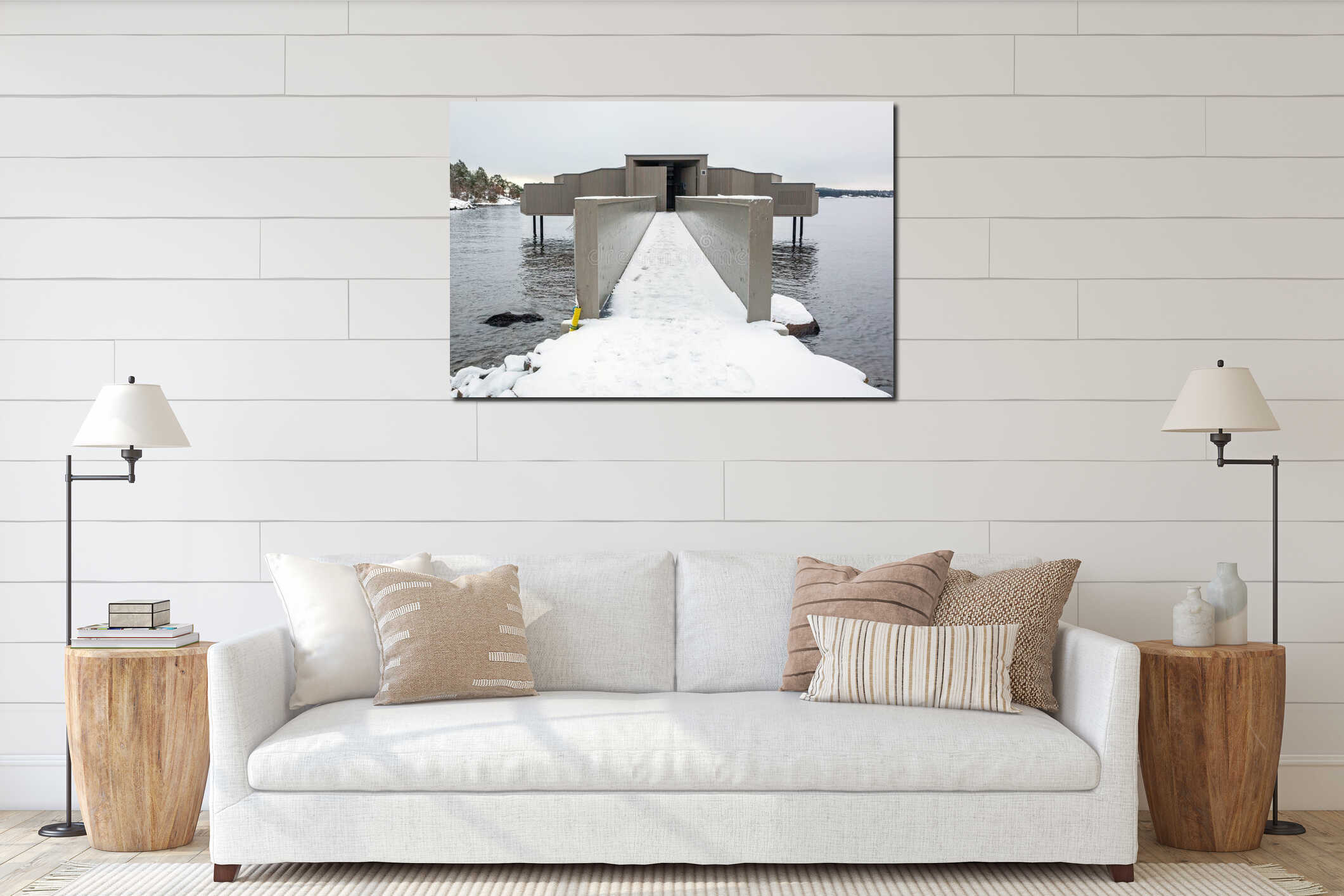 Wooden sauna on the coast of Baltic sea in Sweden interior mockup