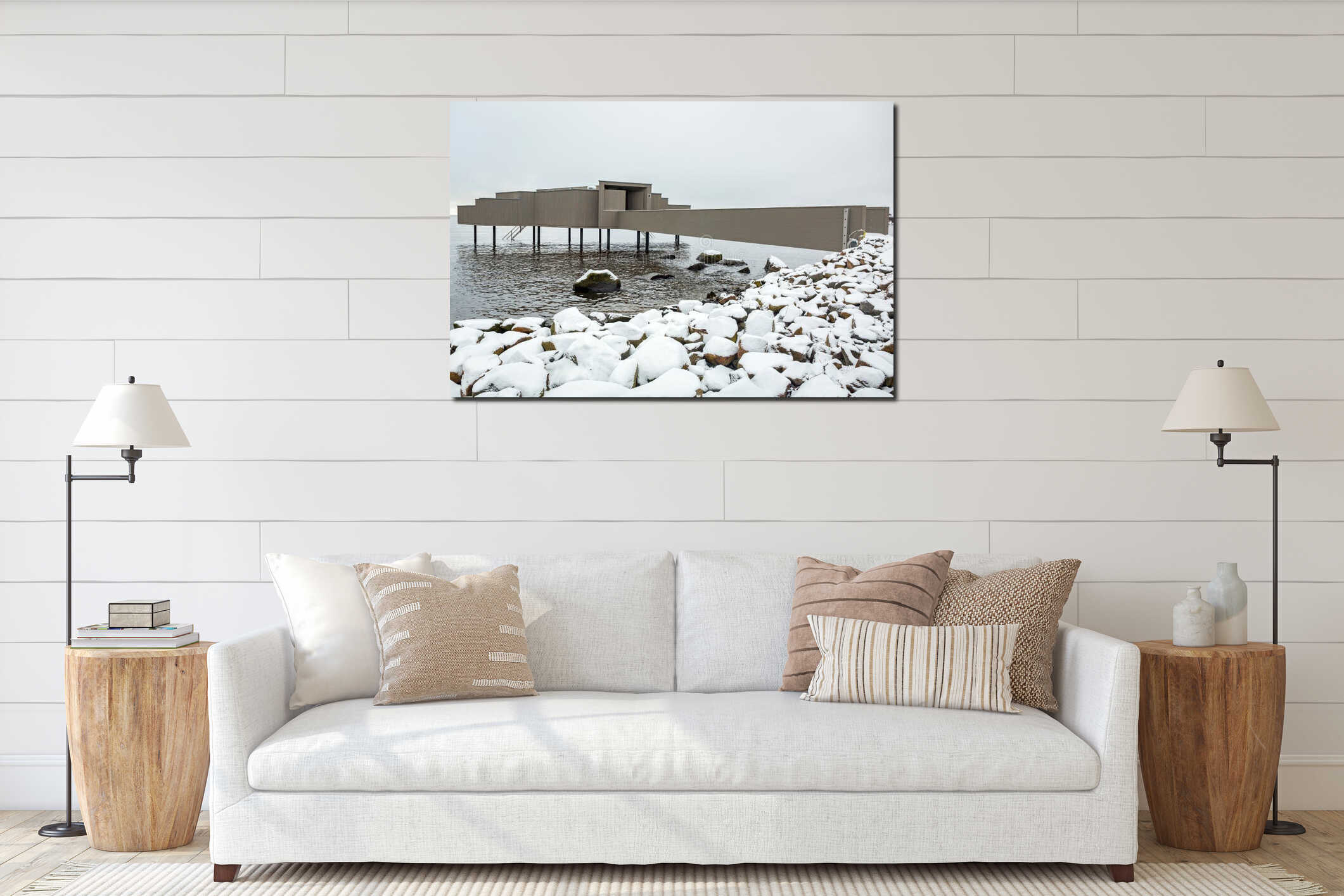 Wooden sauna on the coast of Baltic sea in Sweden interior mockup