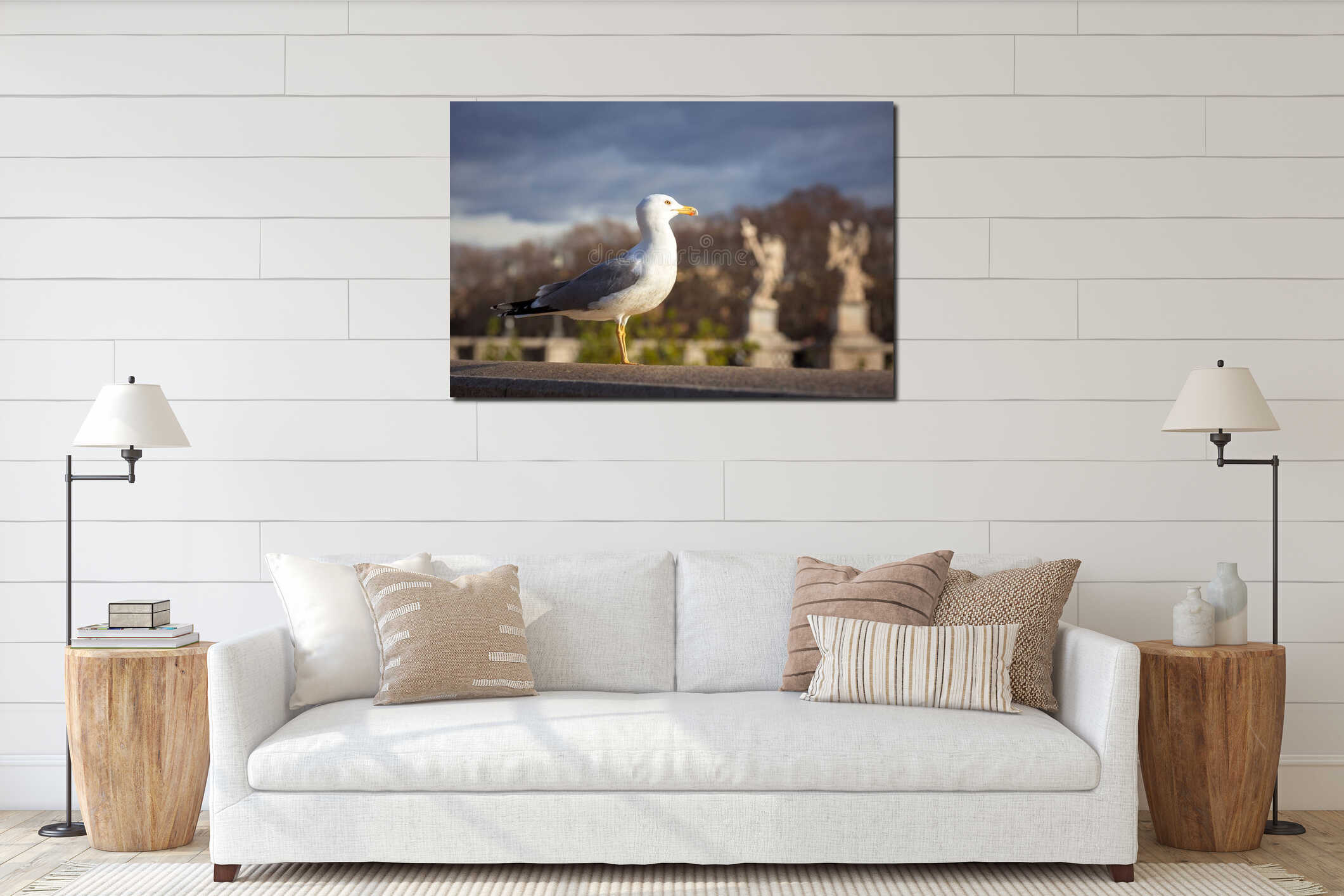 Seagull siting at the Saint Angel bridge in Rome, Italy interior mockup
