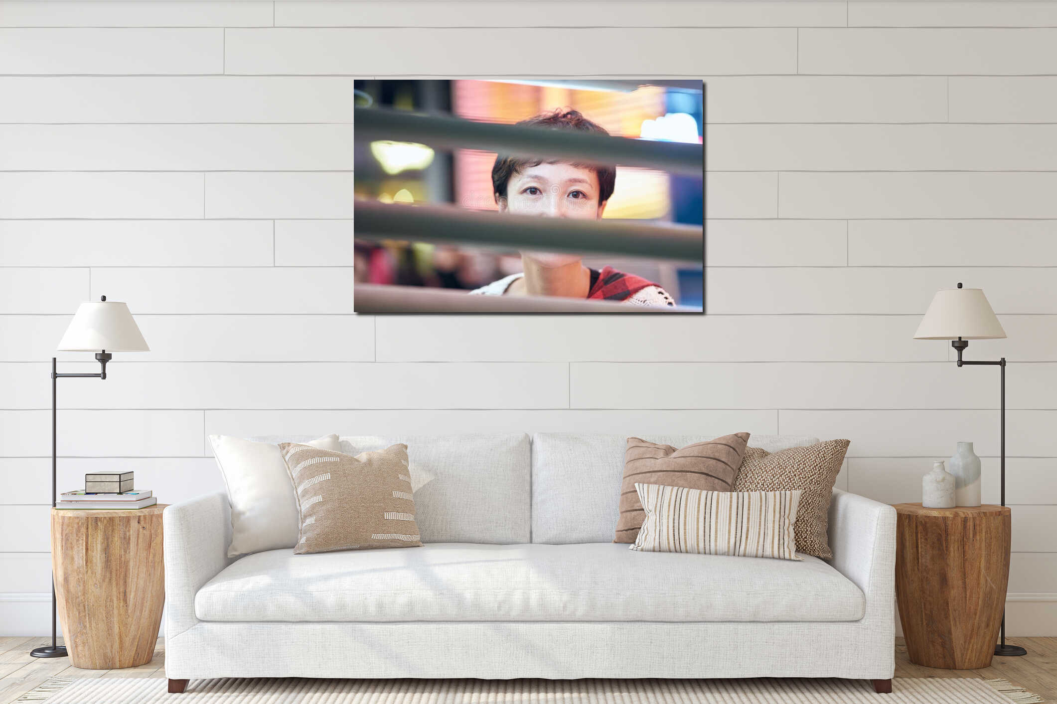 Portrait of pretty Asian woman smiling at camera while walking on night street interior mockup