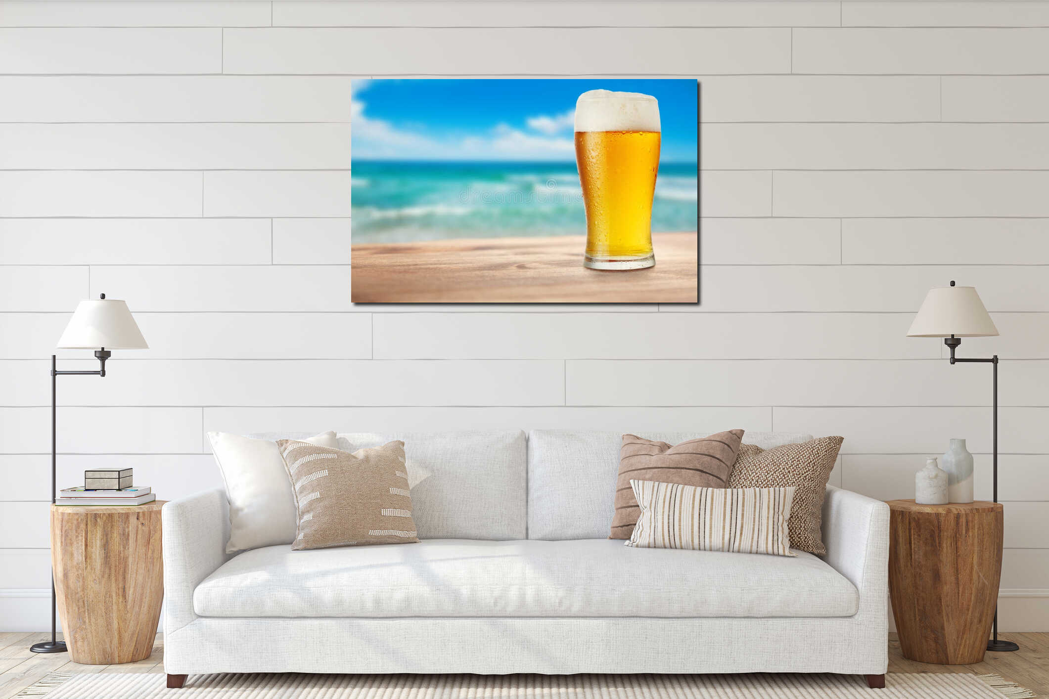 Glass of beer on wooden table on background of sea interior mockup