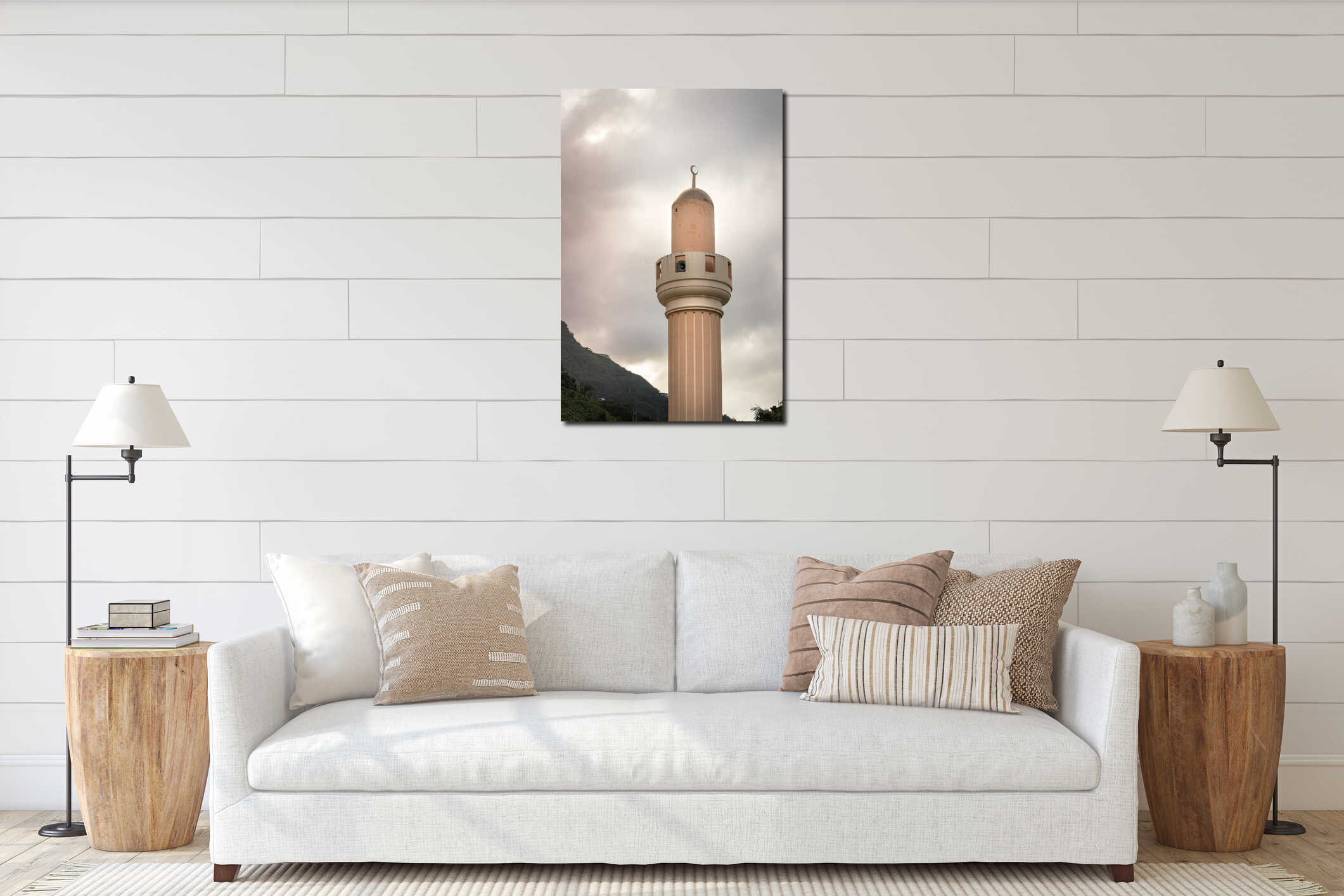 Detail of a mosque minaret-alminar with a golden moon on the top in Victoria, Seychelles interior mockup