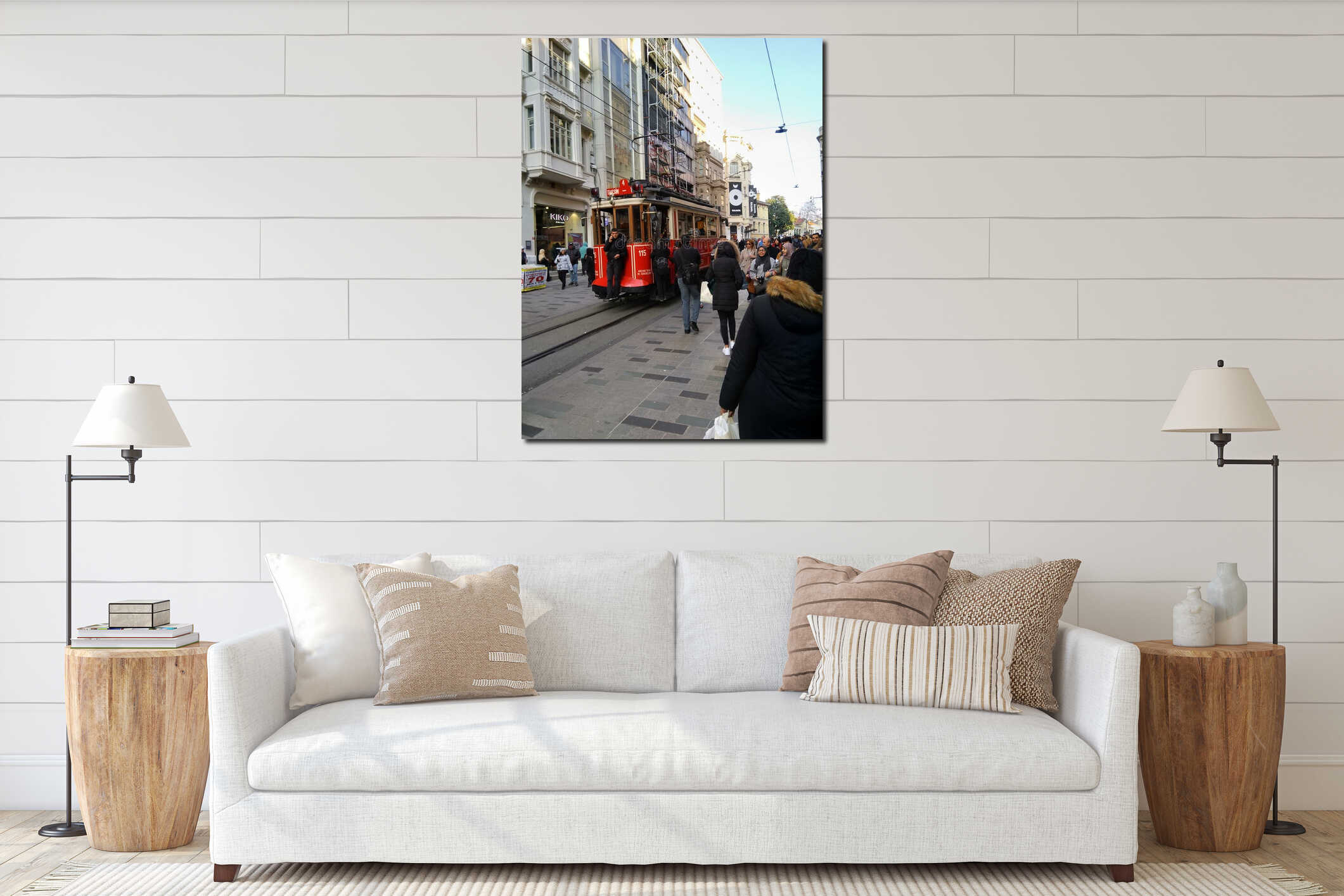 Istanbul streets with famous red tram and walking people interior mockup