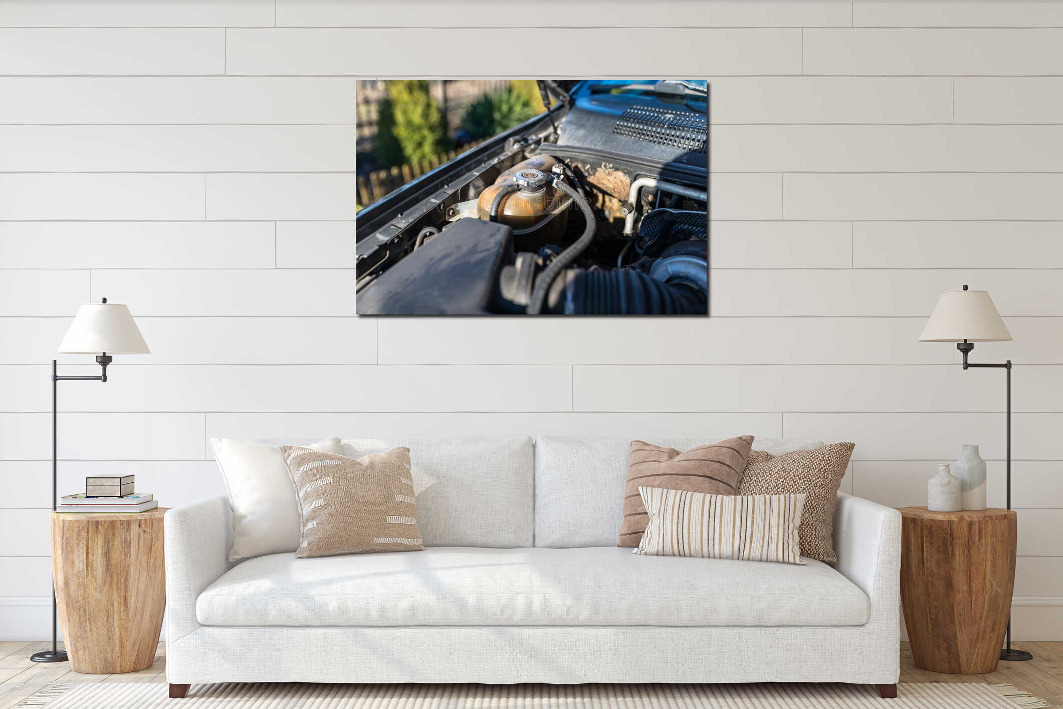 Old reservoir for cooling liquid inside the engine compartment. interior mockup