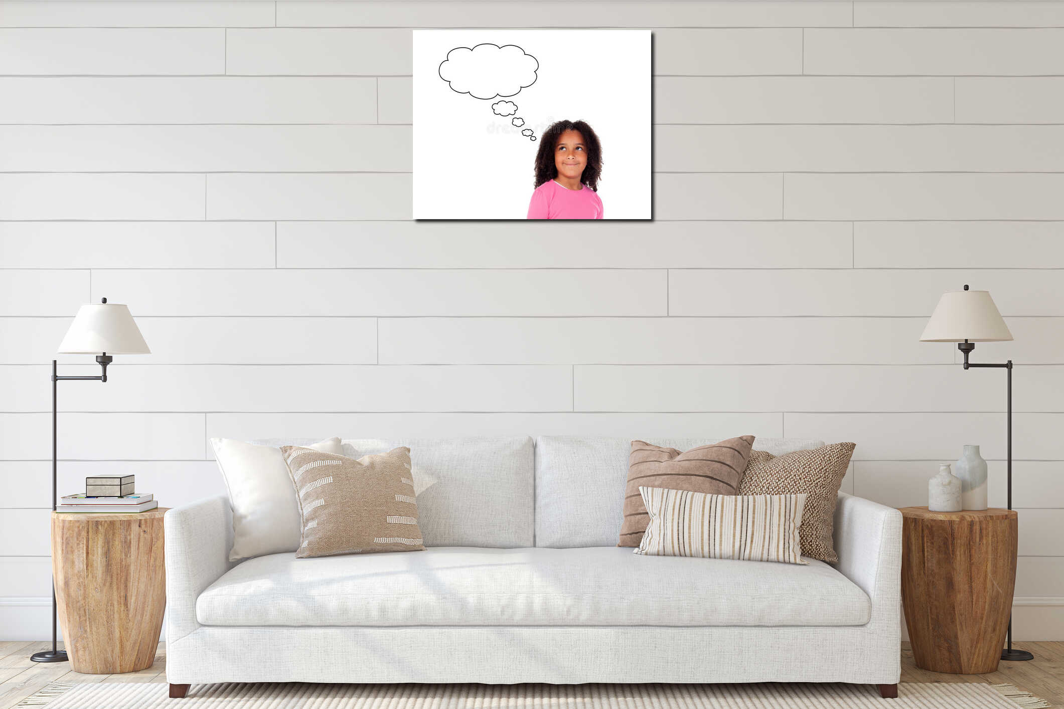 Funny african girl with afro hairstyle thinking interior mockup