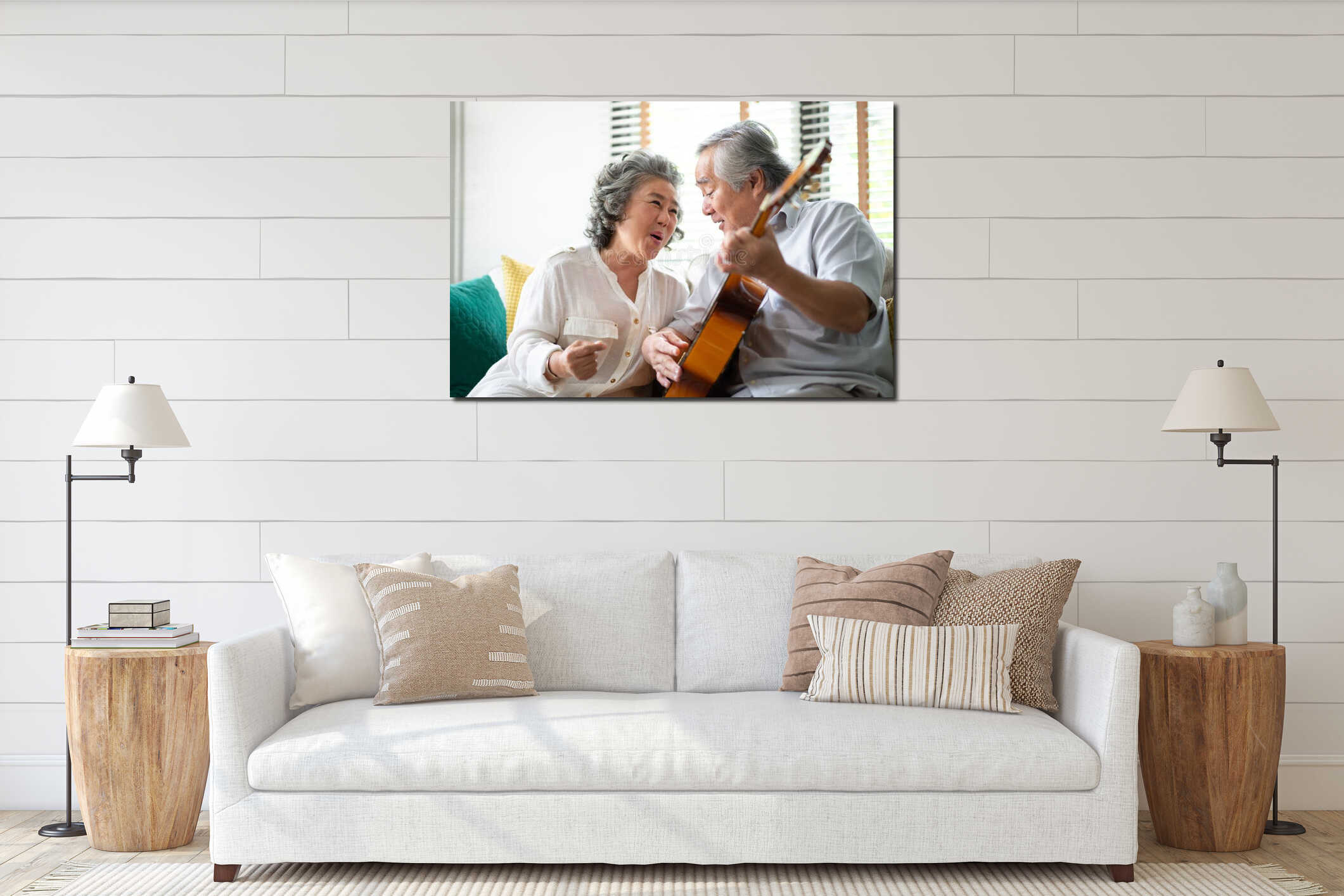 Happy Asian senior Couple enjoying interior mockup