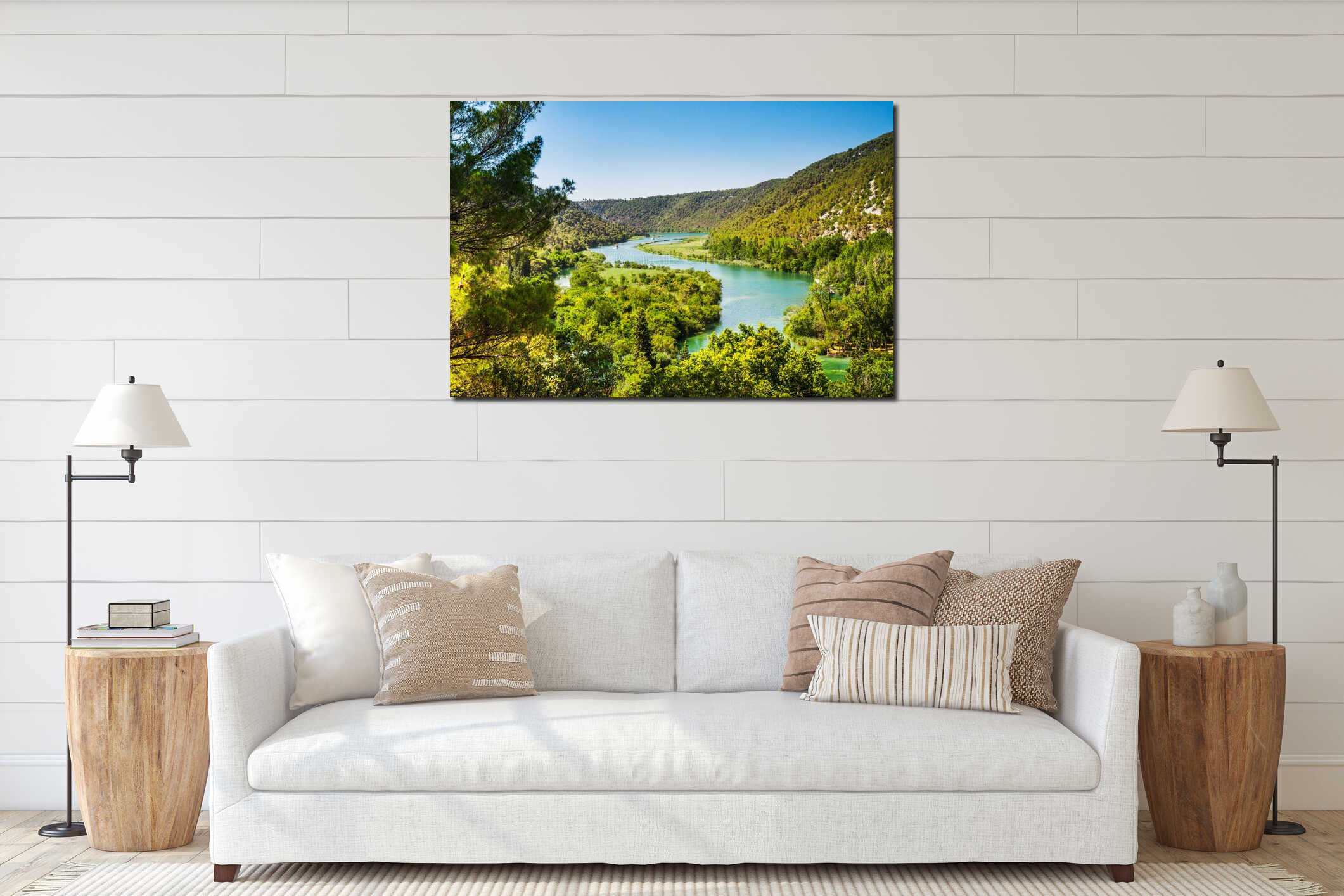 Two ships sail on the river. Around the forest and mountains. Krka, National Park, Dalmatia, Croatia interior mockup