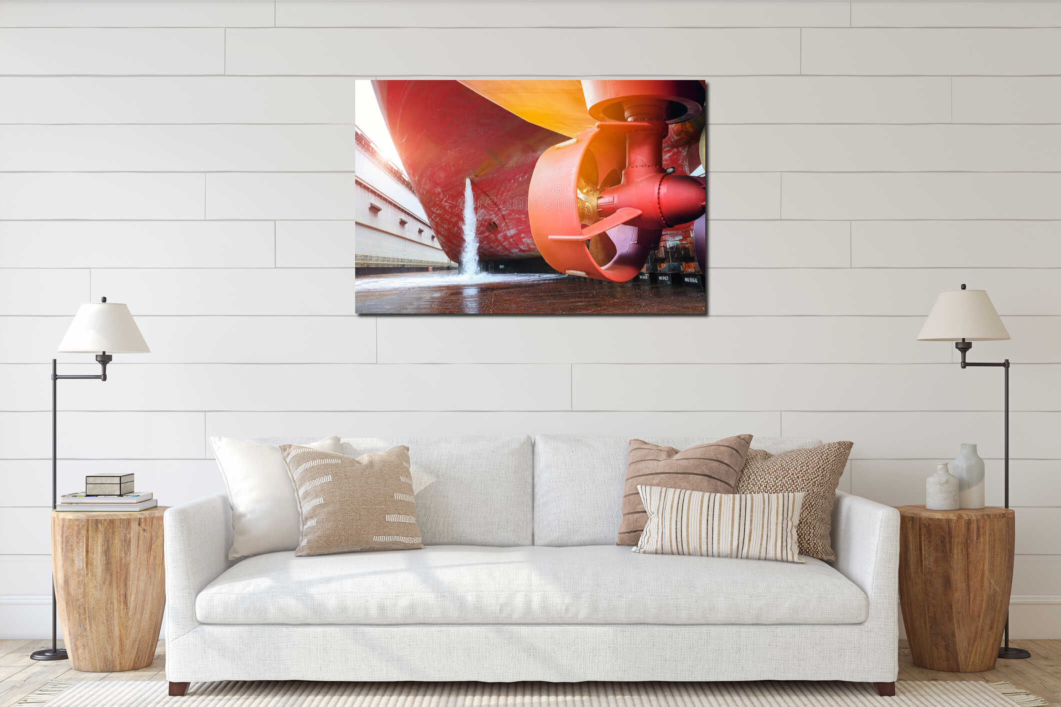 Close up Propeller rudder tail shaft at stern ship interior mockup