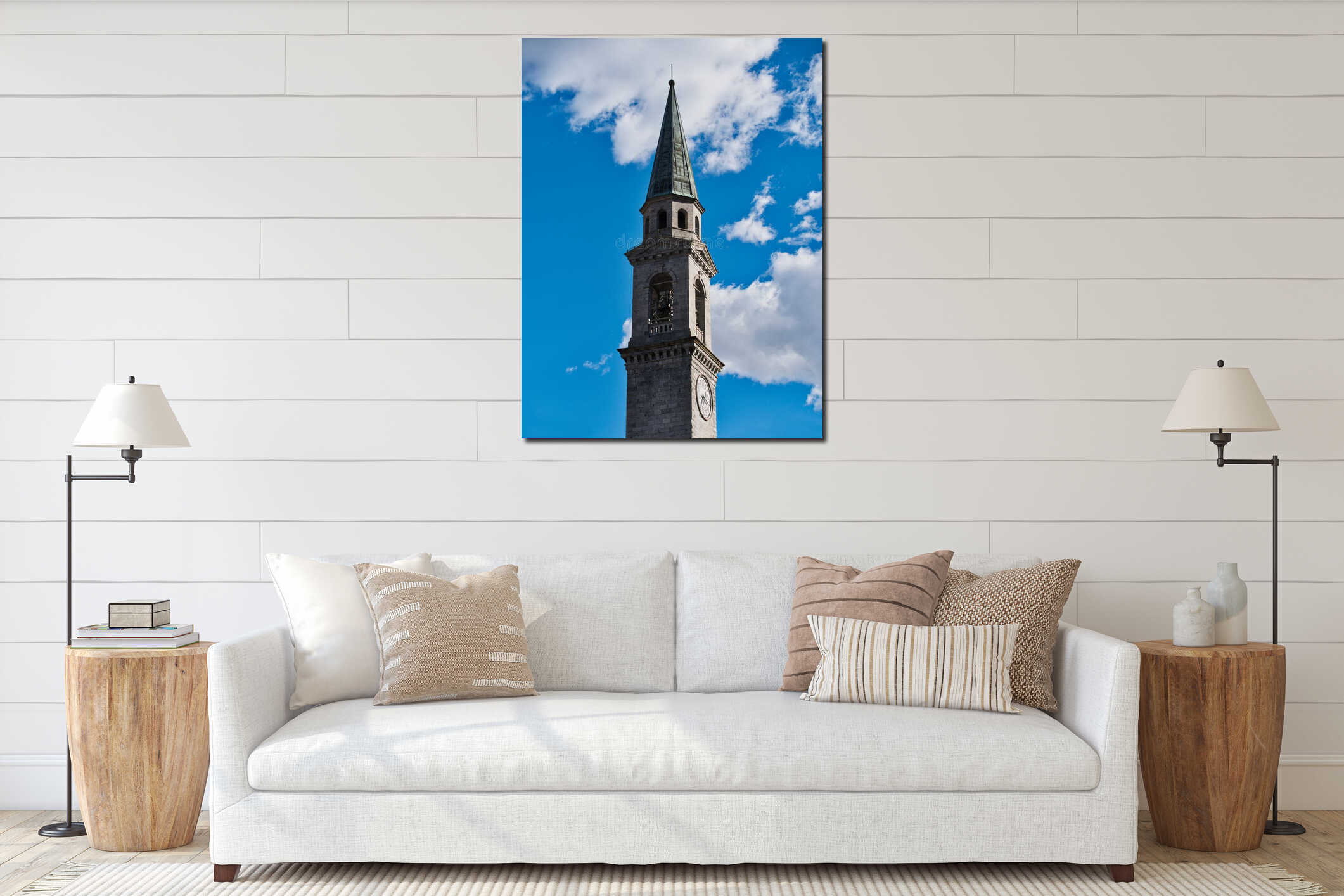 Bell tower church pinzolo Italy against cloudy blue sky interior mockup