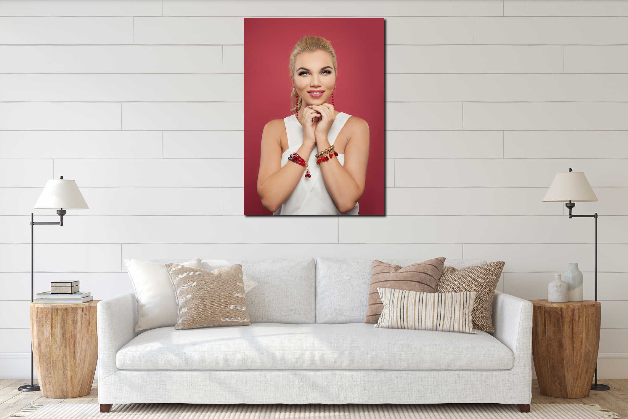 Pretty woman wearing fashion golden earrings and bracelet with red gem stones interior mockup