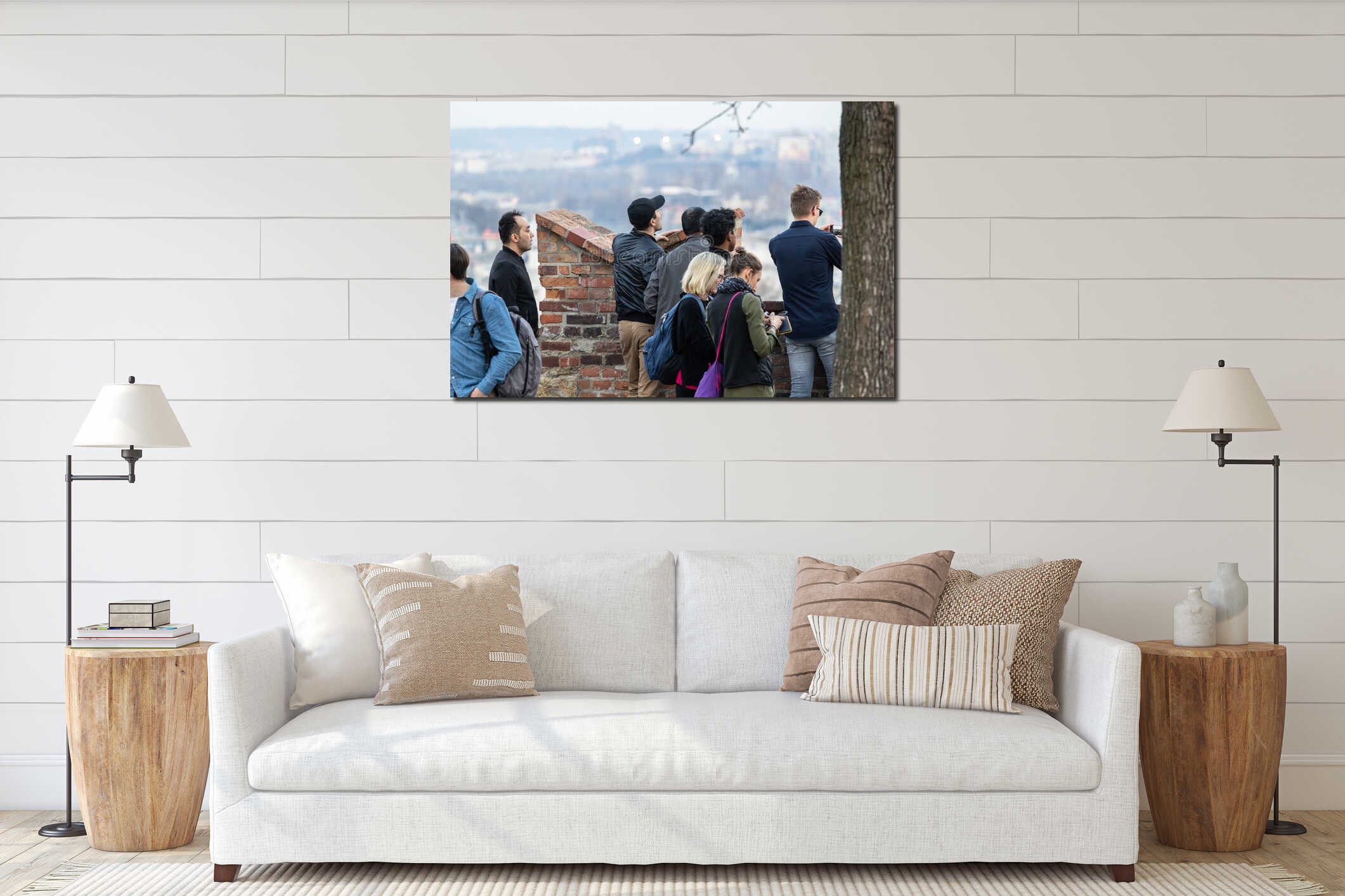 Tourists taking pictures interior mockup