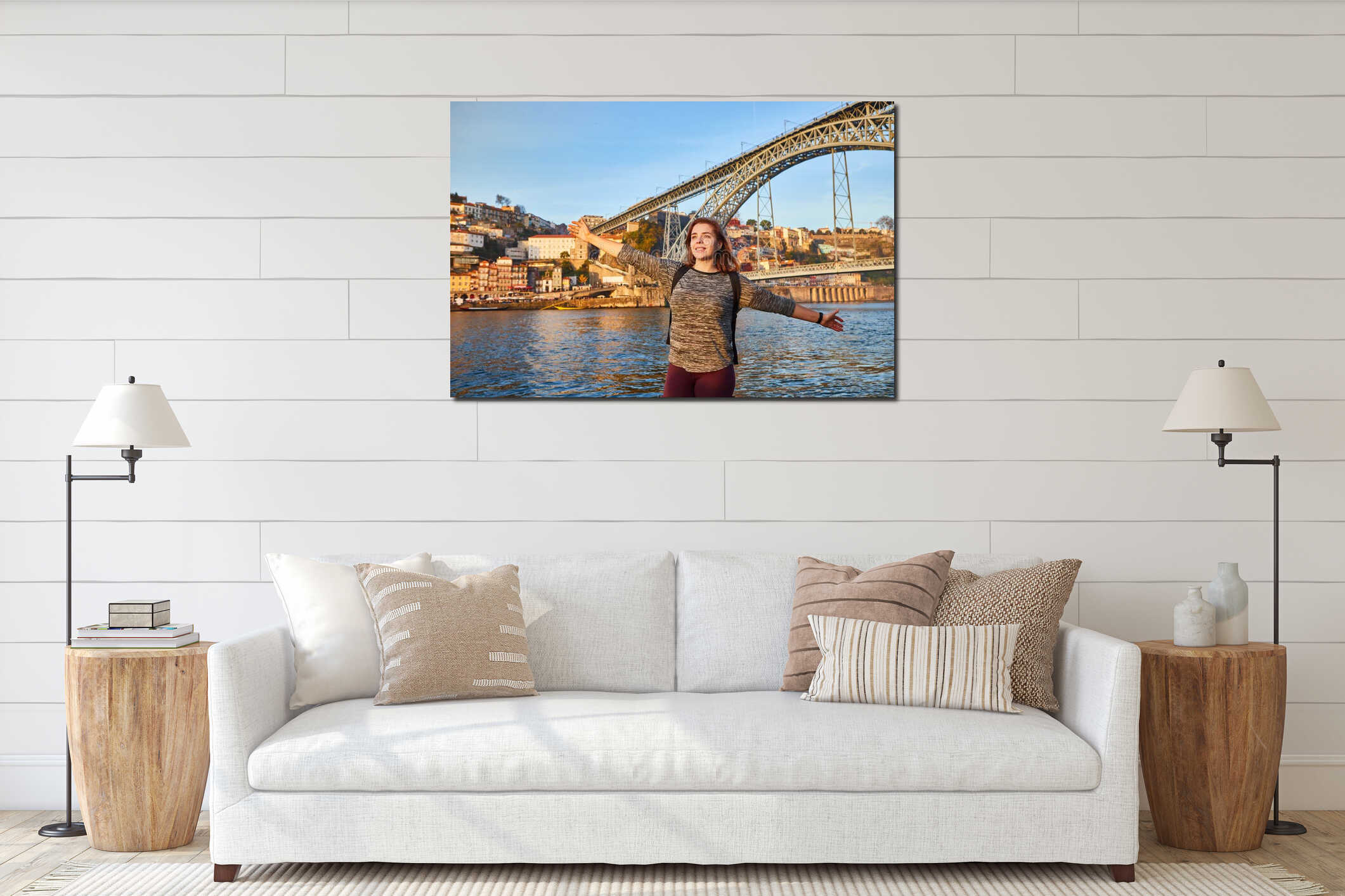 Young woman tourist enjoying beautiful landscape view on the old town with river and famous iron bridge Dom Luiz during the sunset interior mockup