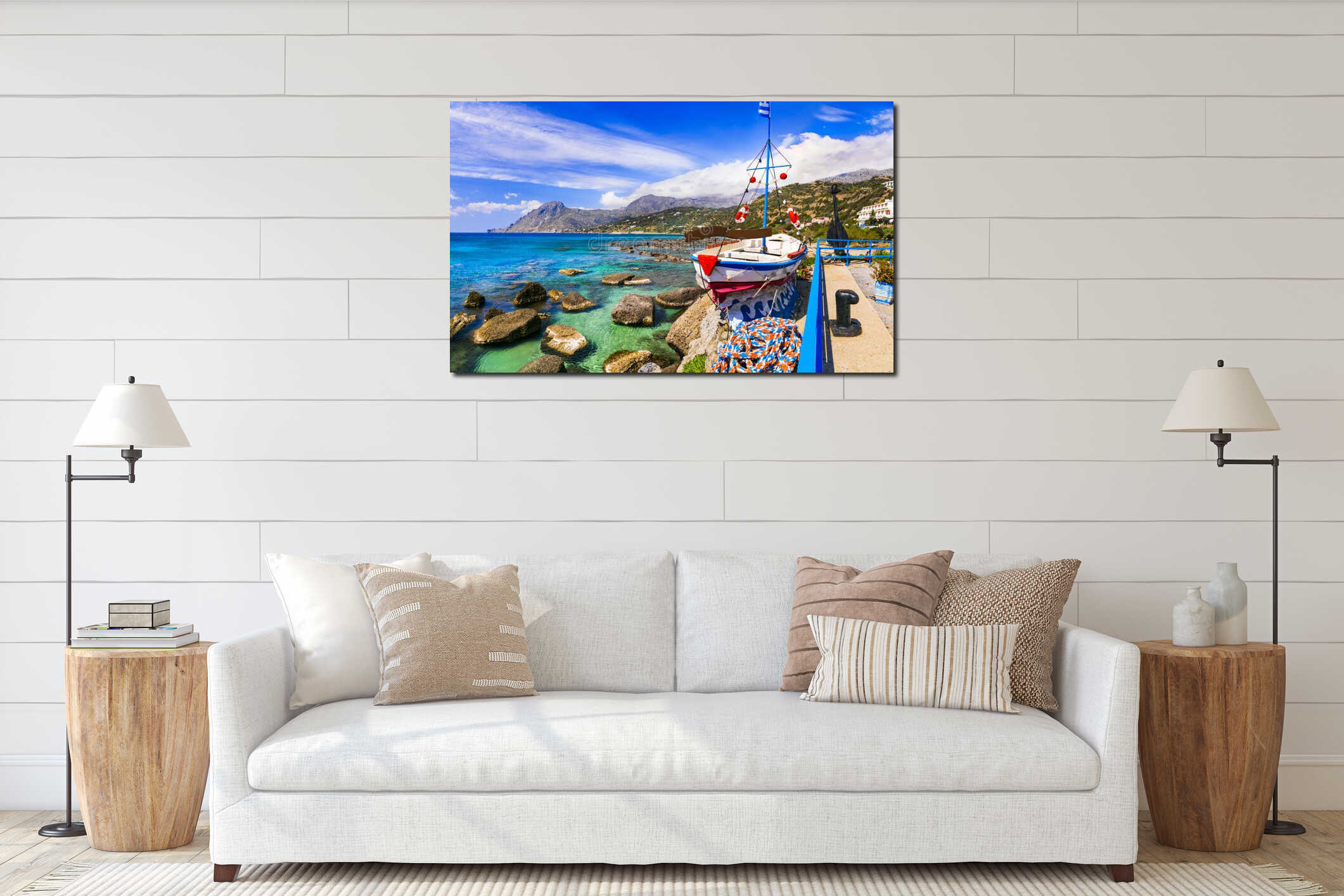 Crete island, beautiful beaches and fishing village Plakias. Greece interior mockup