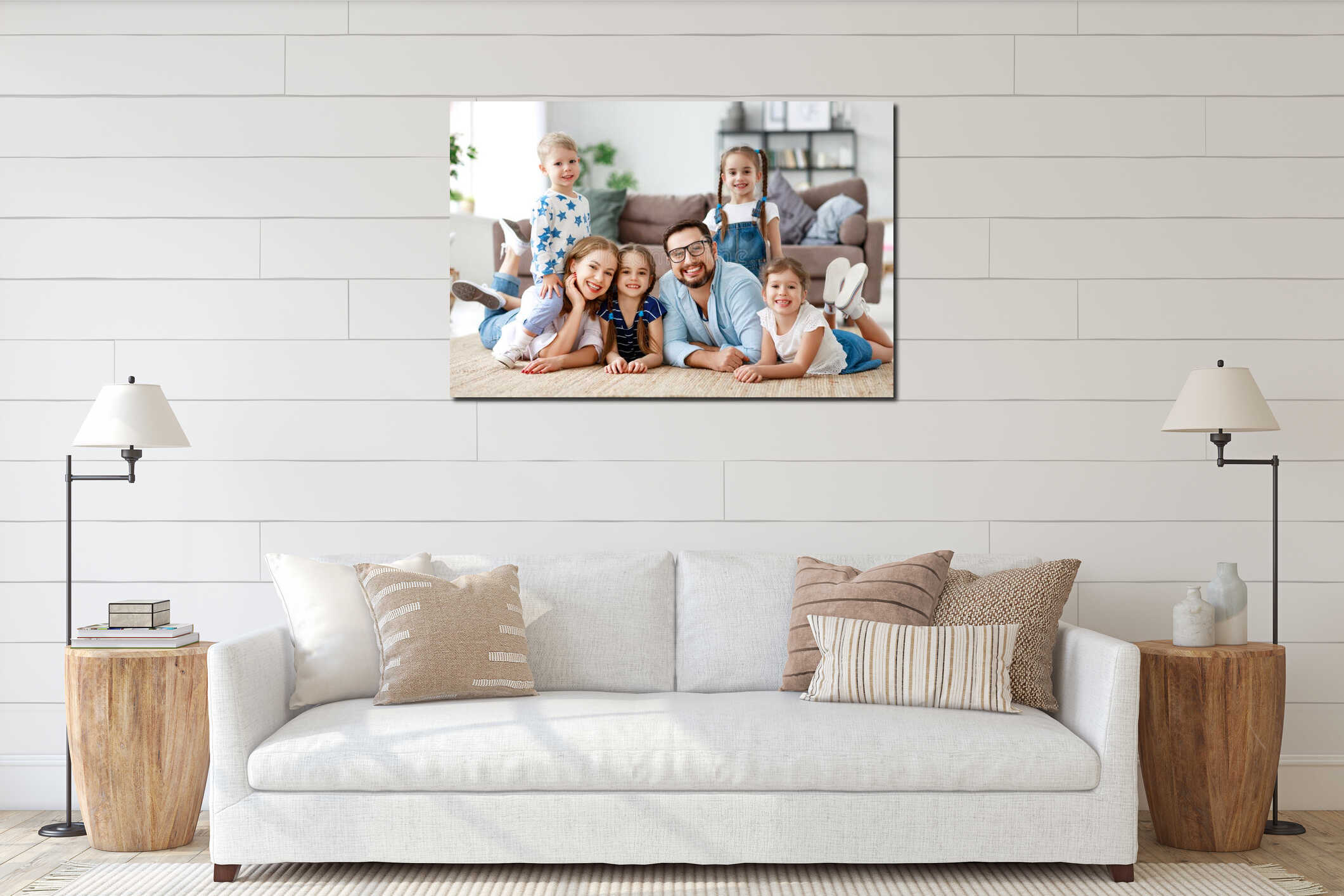 Happy large family mother father and children   at home interior mockup