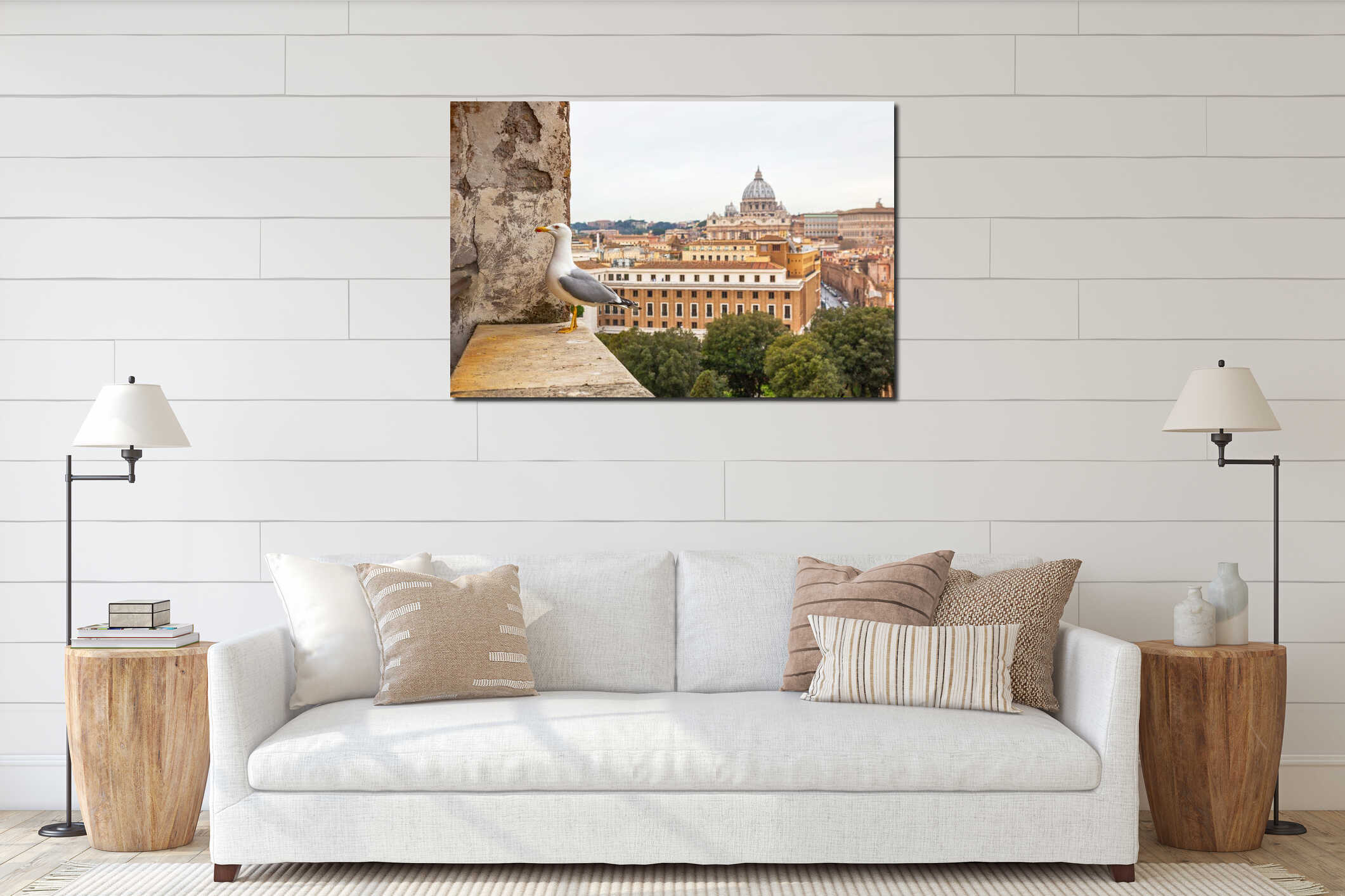 Seagull sitting on a stone window-sill against vatican view interior mockup