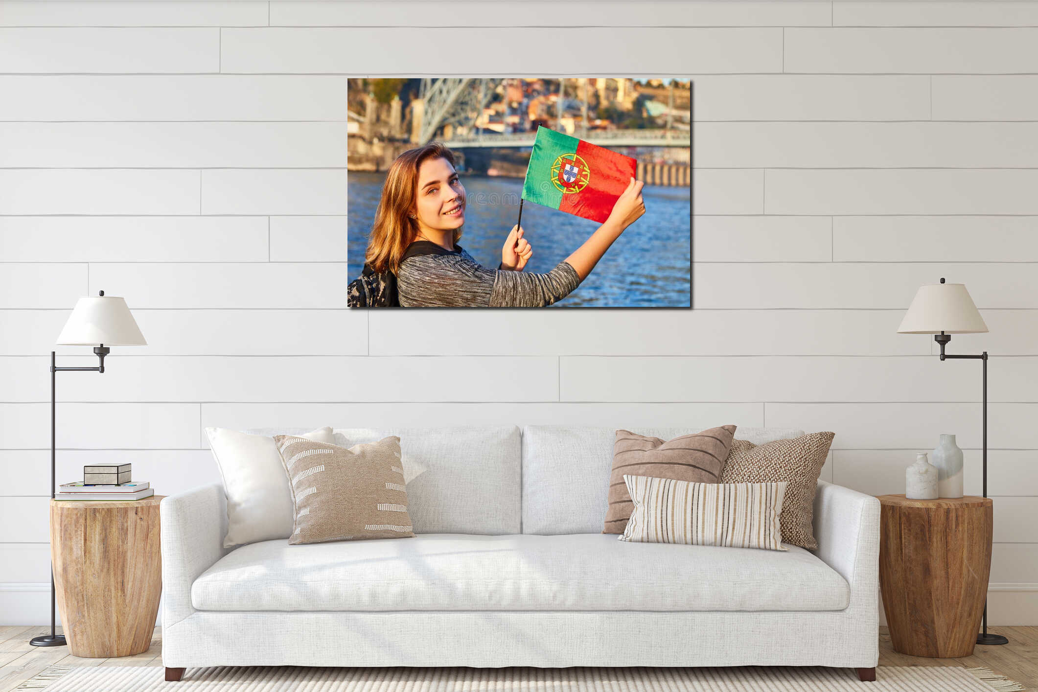 Young woman tourist with portuguese flag enjoying beautiful landscape view on the old town with river and famous iron bridge Dom interior mockup