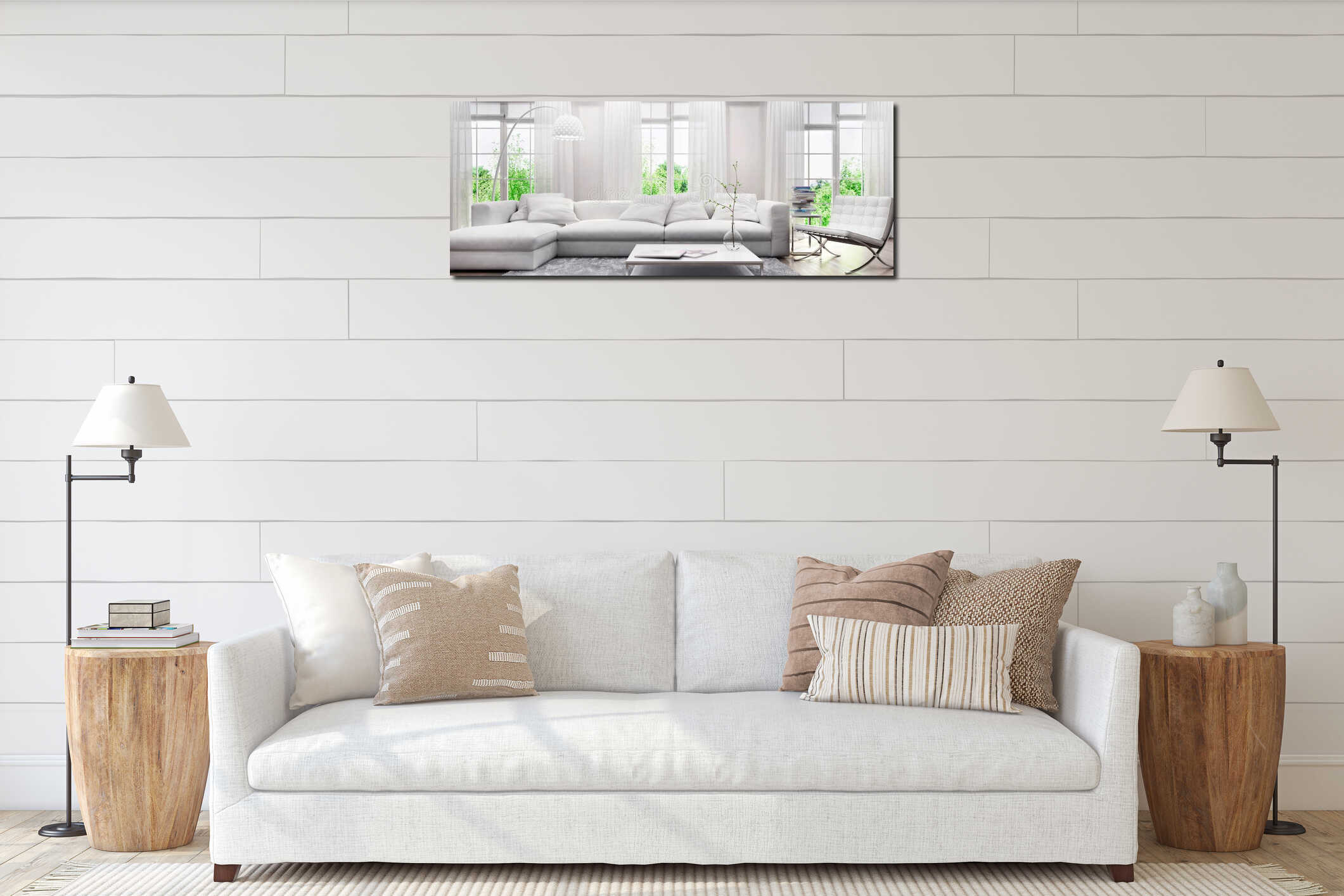 Modern white interior with a sofa and large windows interior mockup